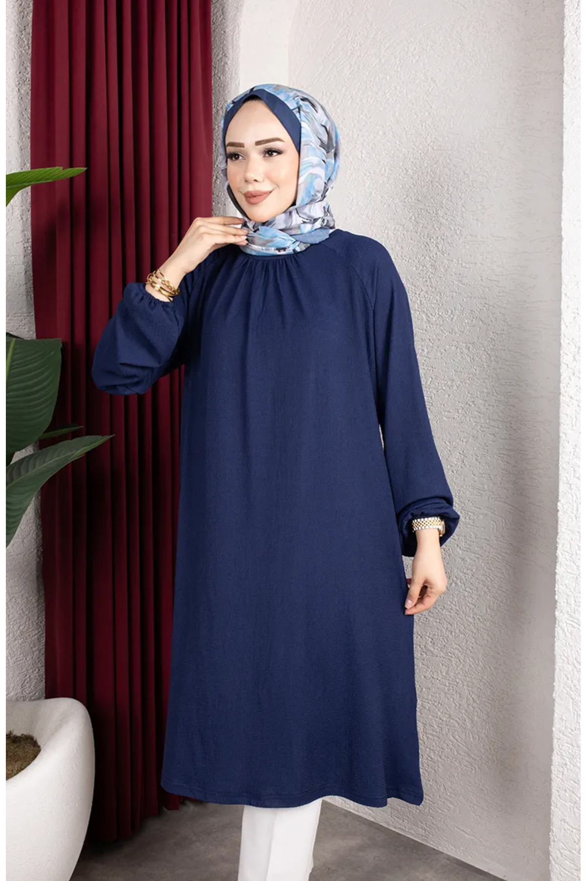 sefamerve Bürümcük Kumaş Reglan Kol Uzun Tunik 0902-05 Lacivert görsel 4