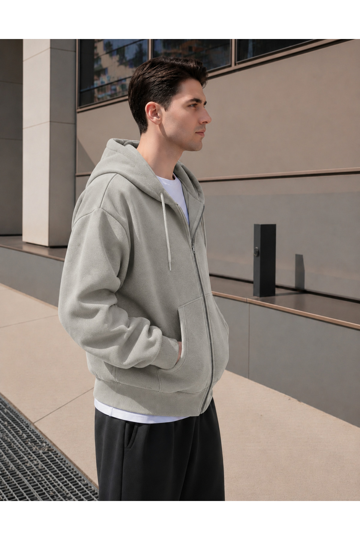 YAKAMEL ERKEK 3 İPLİK FERMUARLI KAPÜŞONLU OVERSİZE RAHAT SWEATSHIRT HIRKA görsel 4