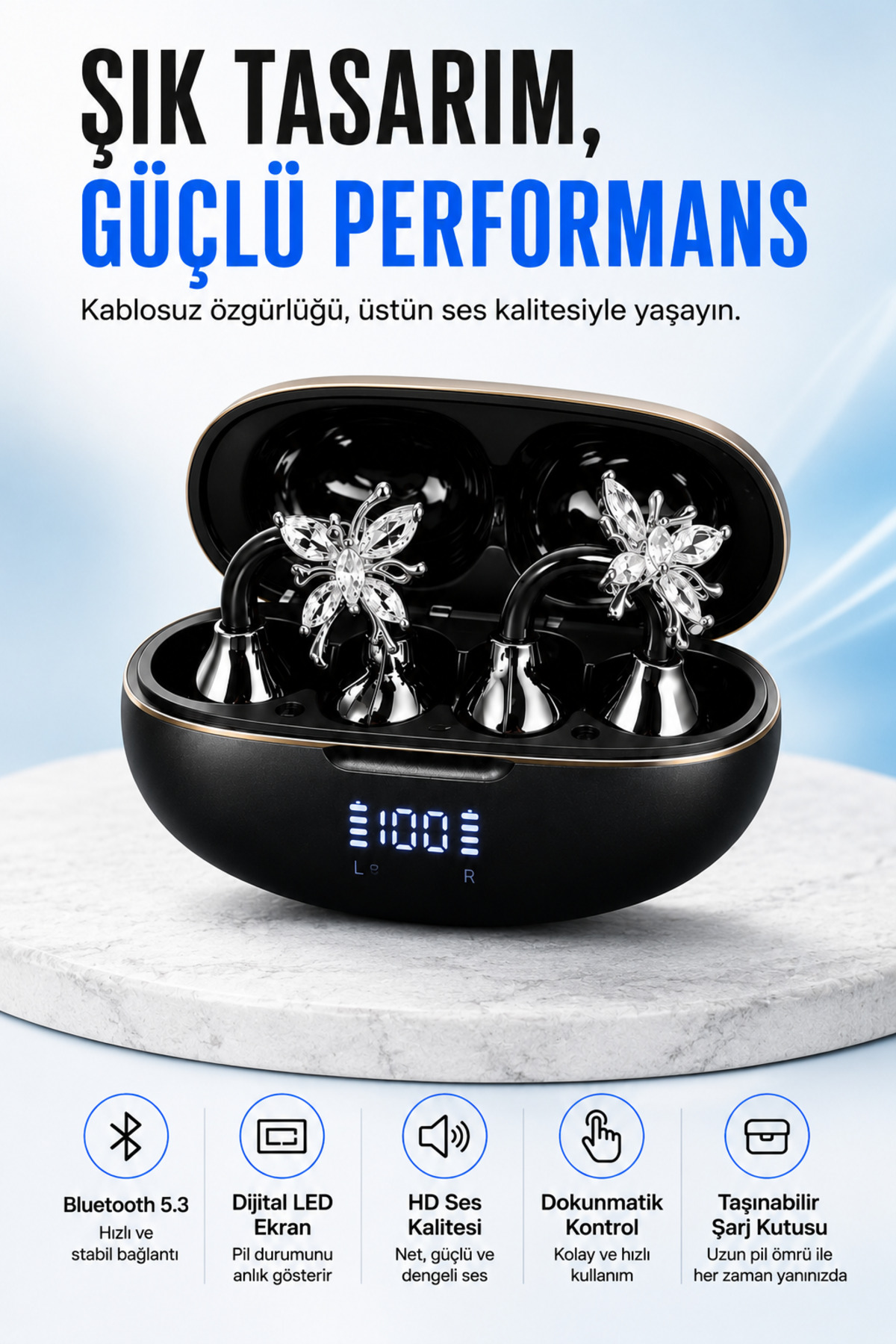 Ayers Kristal Çiçek Charm Tasarımlı Kablosuz Bluetooth 5.3 Kulaklık, Dijital LED Ekranlı Şarj Kutulu, Dokunmatik Kontrollü Mor TWS Kulak İçi Kulaklık