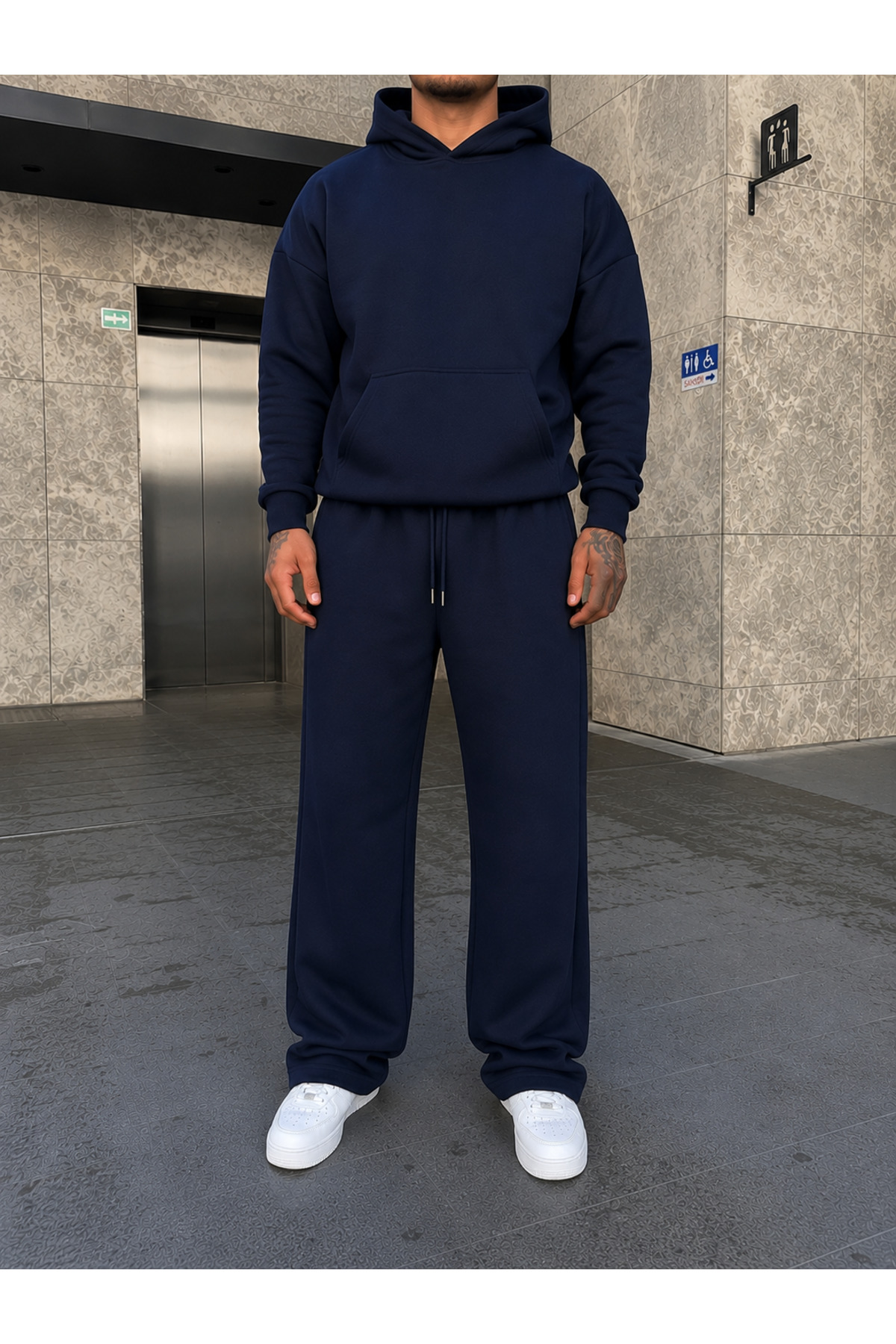 ERKEK Oversize Baggy Kalıp Uygun Basic Günlük Eşofman Takımı — سرمه‌ای BRNSFTK7 — تصویر 3 از 4
