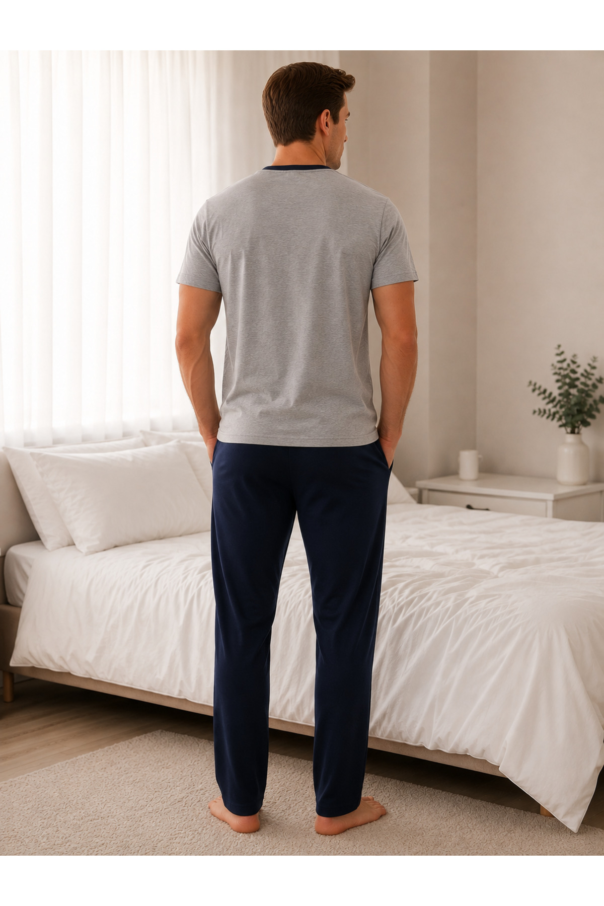 Pijamask Erkek Gri Melanj Düğmeli Yaka Pamuklu Uzun Pantolonlu Pijama Takımı Lacivert Alt Rahat Ev Giyim görsel 3