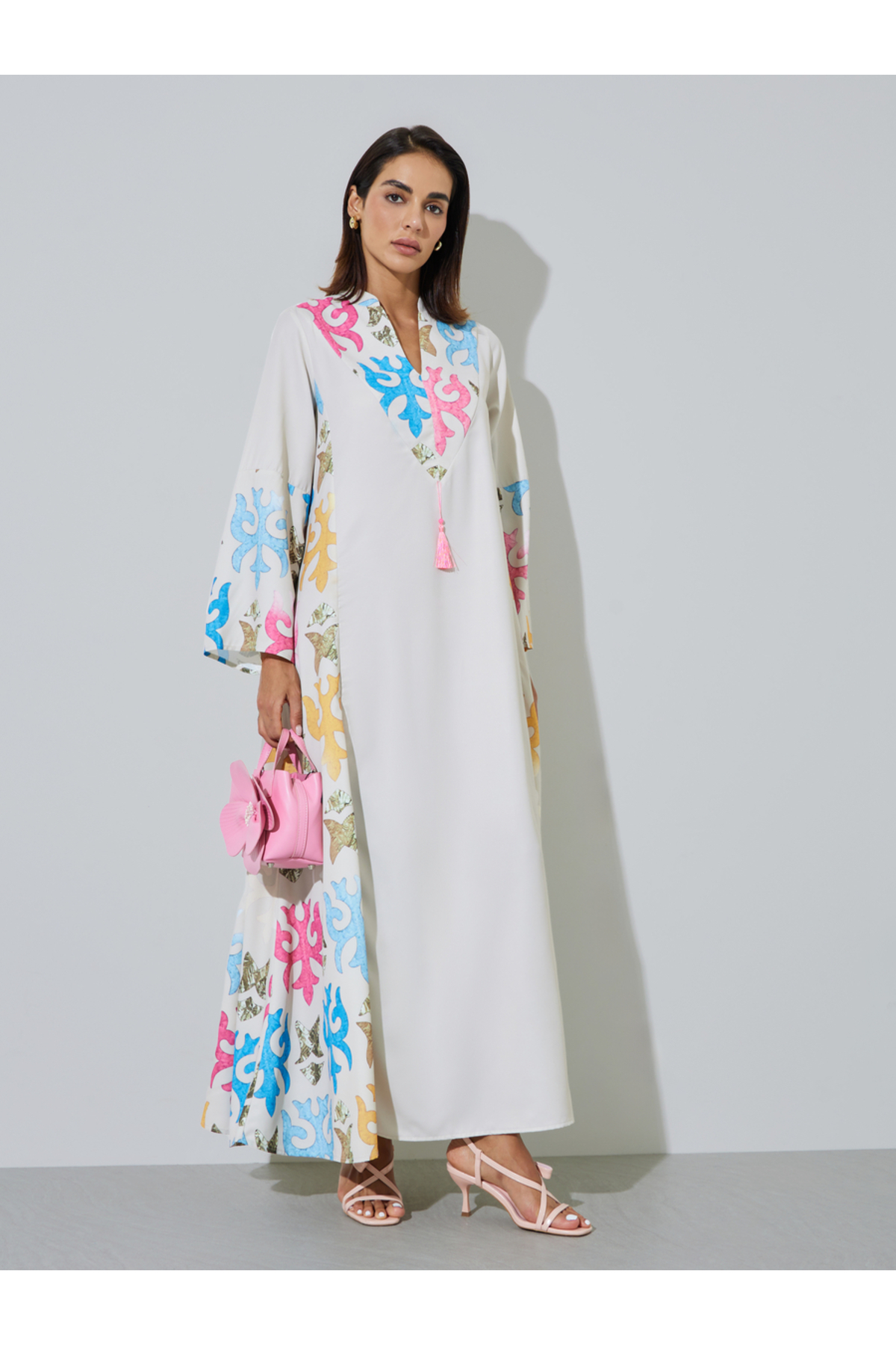 Amirah By Styli Off White Printed Panel Jalabiya with Tassel Detail