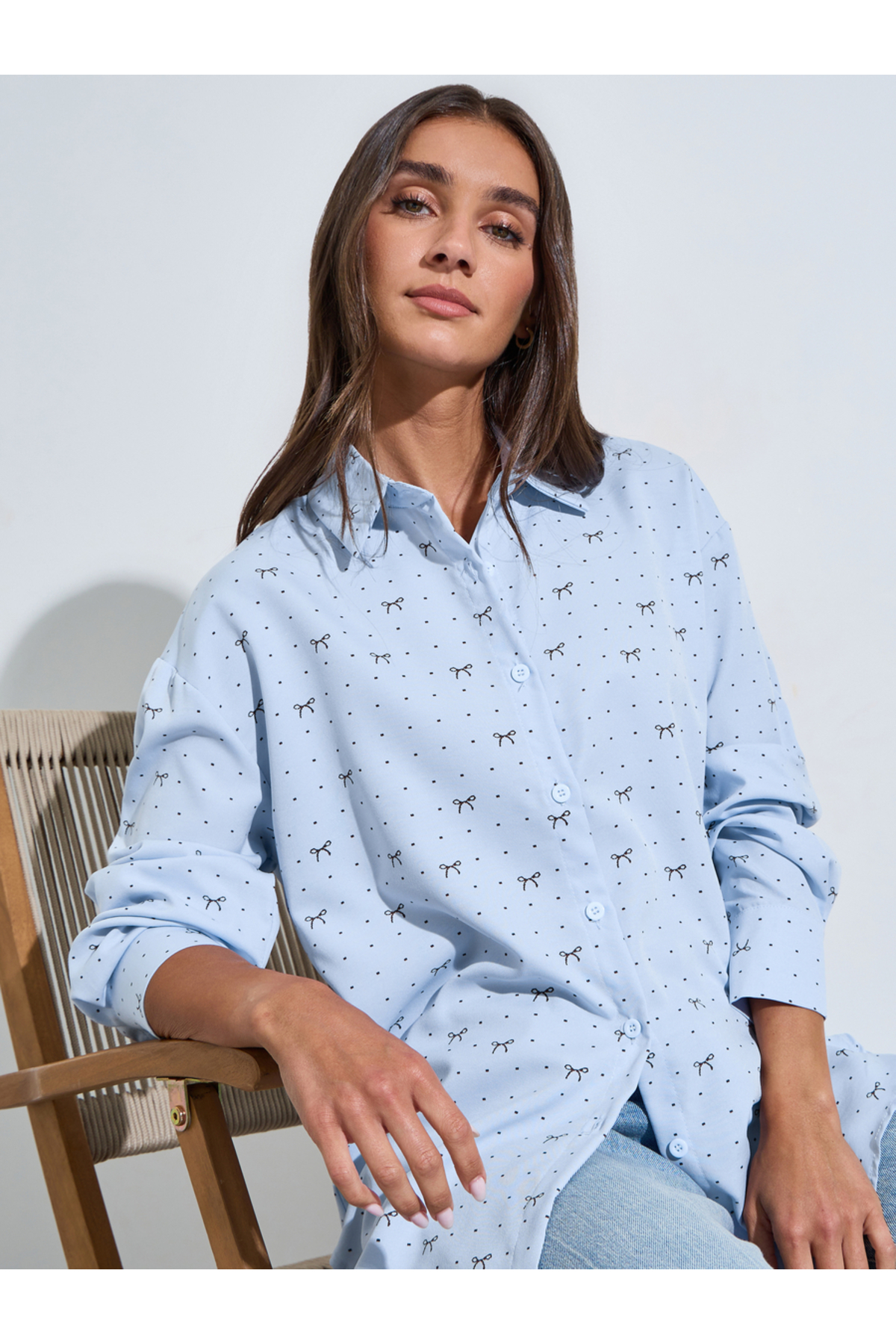 Styli Blue Ditsy Print Long Sleeves Oversized Shirt