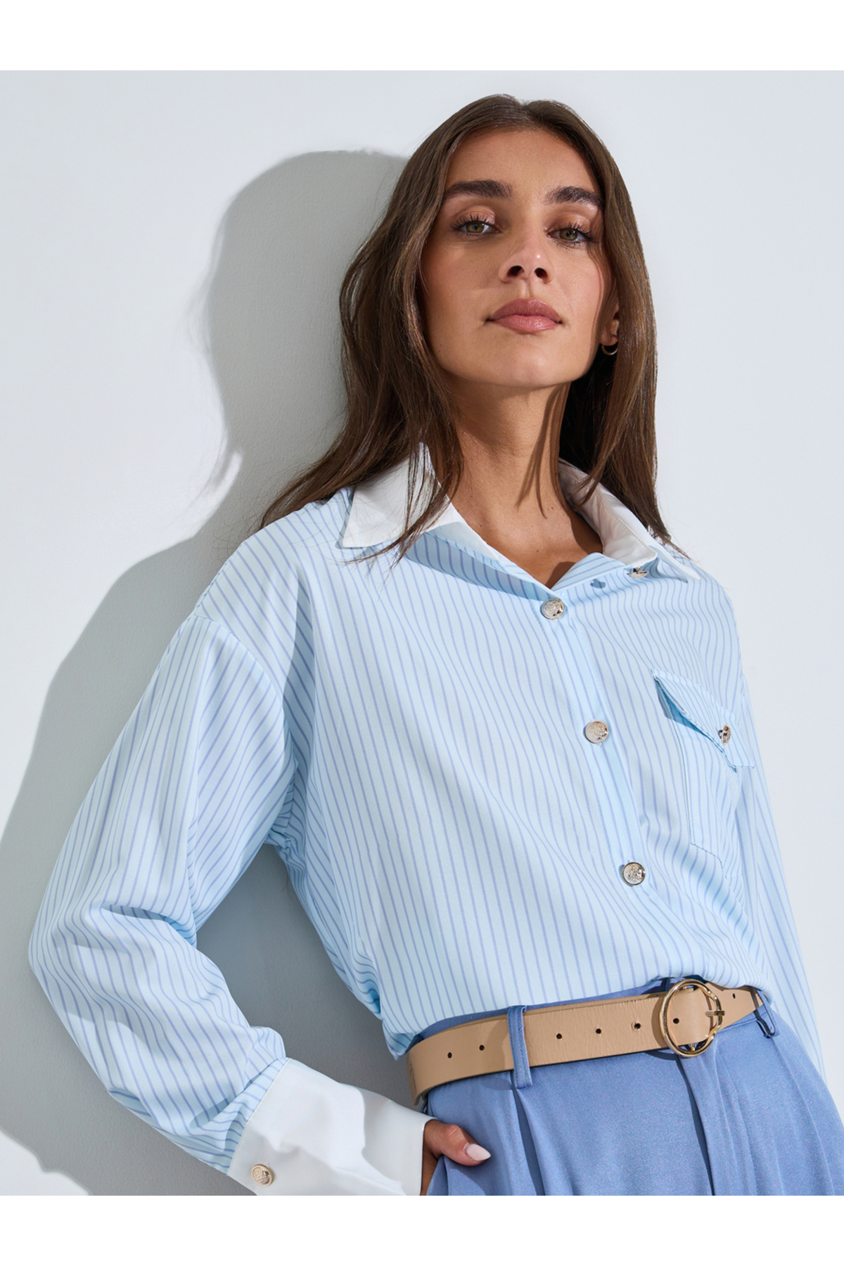 Styli Blue Striped Long Sleeves Shirt with Contrast Trim