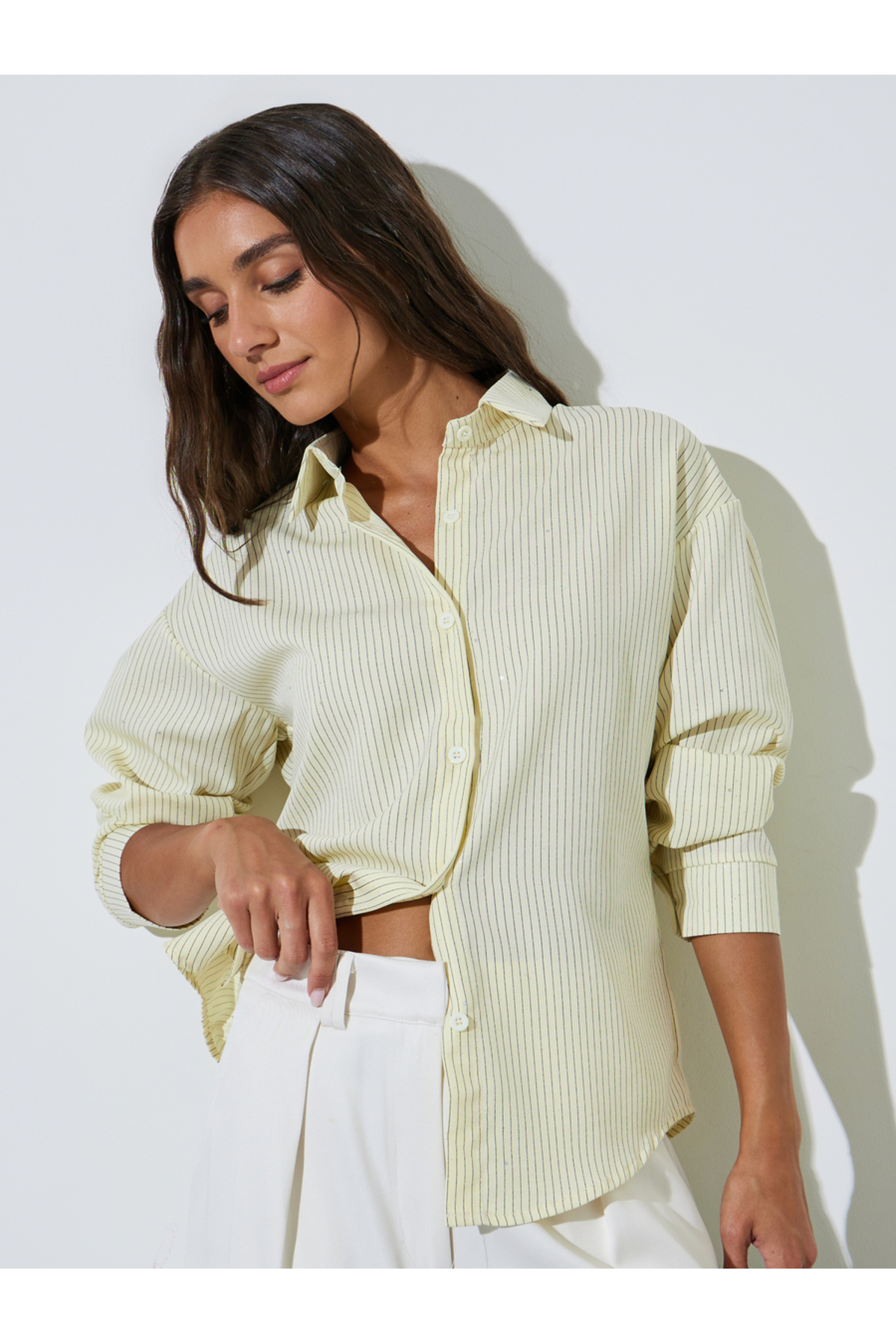 Styli Yellow Striped Embellished Long Sleeves Shirt