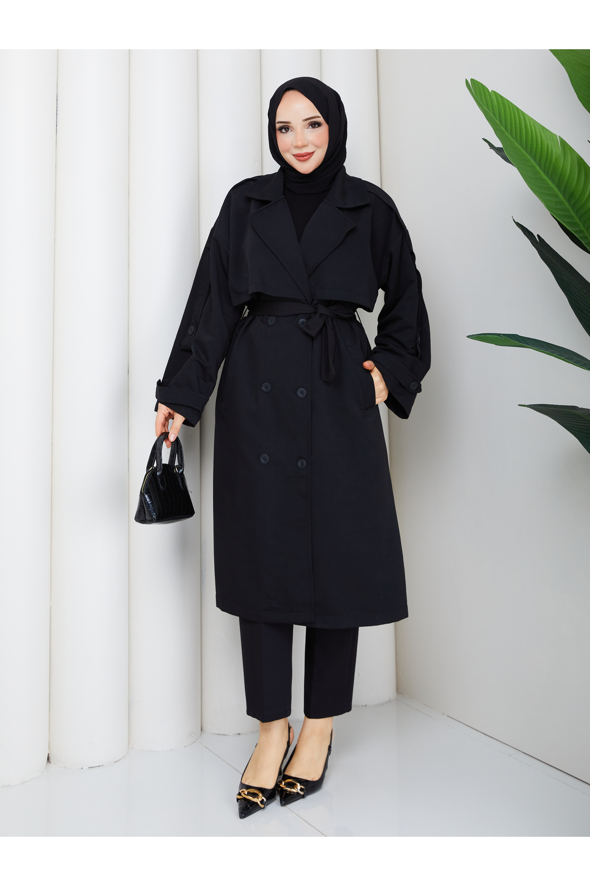 RACE FASHİON Kadın Oversize Düğmeli Tesettür Trençkot RC3111 görsel 5