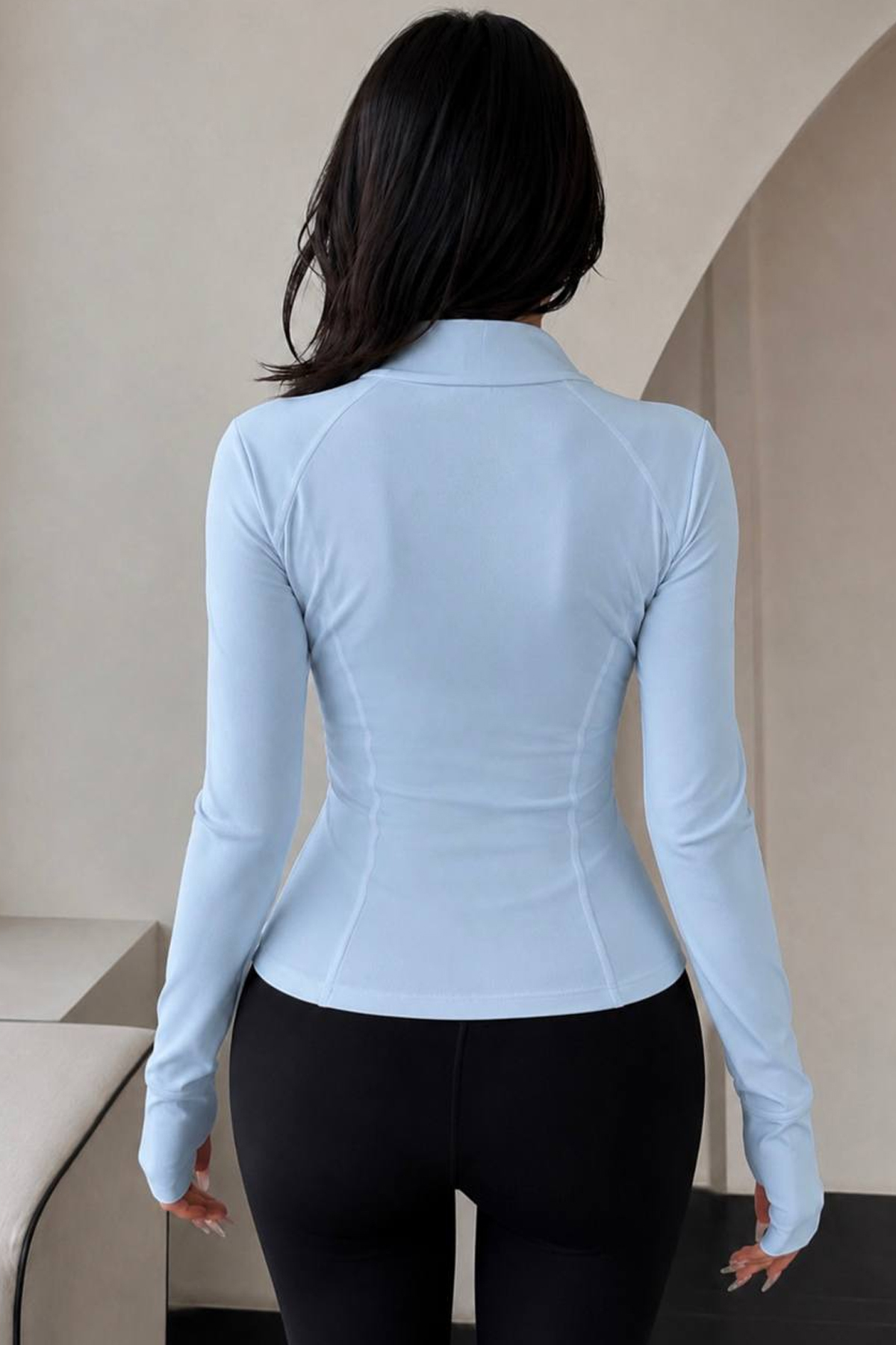 İlayda Toprak Rover Bebe Mavisi Uzun Kollu Parmak Geçirme Detaylı Fermuarlı Cepli Esnek Yoga Fitness Spor Hırka görsel 6
