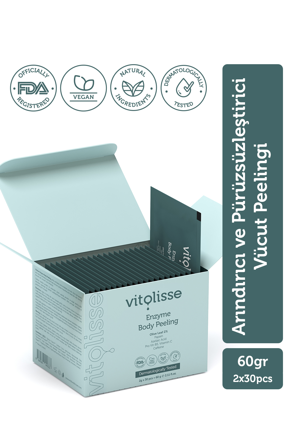 Vitolisse Vücut Peelingi 60g – Enzim ve Asit Destekli Nazik Arındırıcı Pürüzsüzleştirici Vegan (30 x 2g) — VIT103