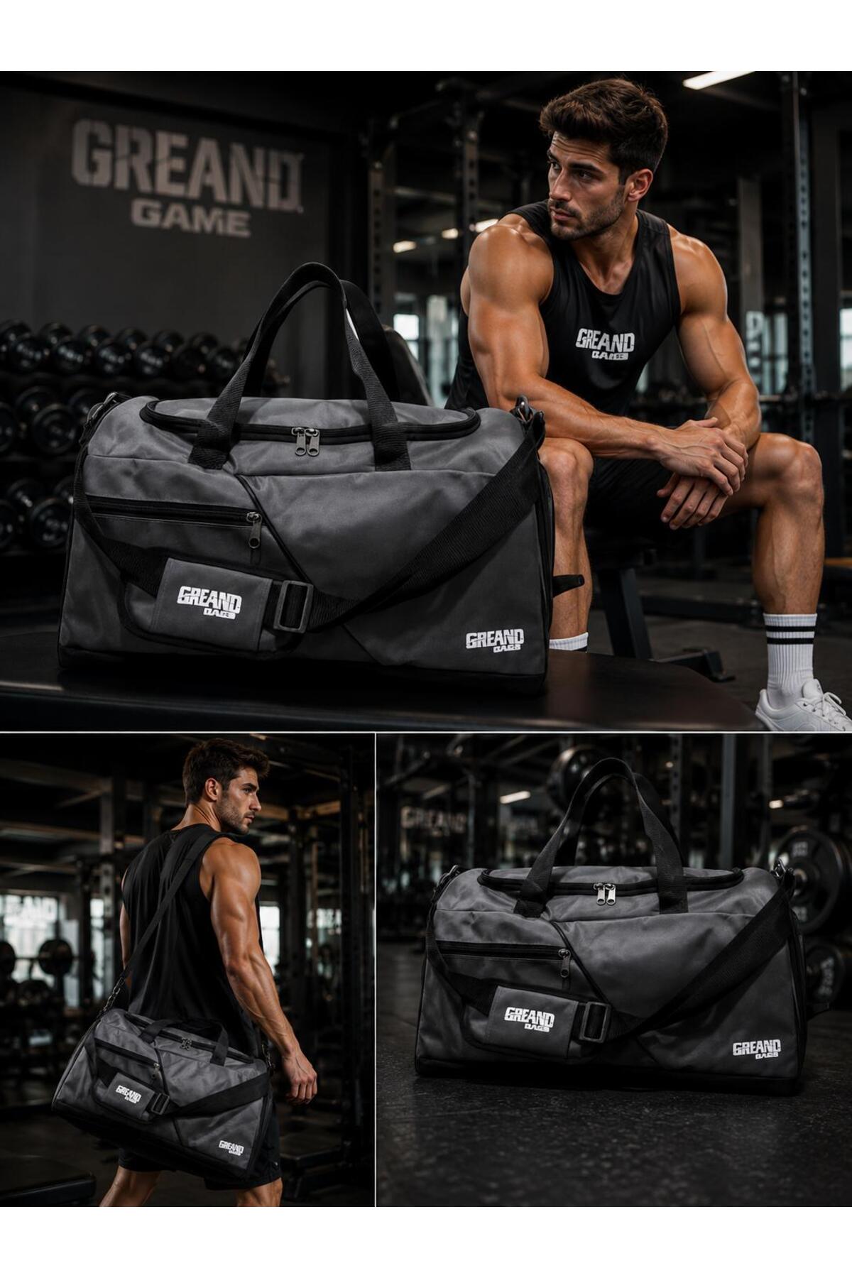 GreandBags Gri Ayakkabı Bölmeli A Kalite Geniş Hacimli Spor Çantası Seyehat Çantası GYM
