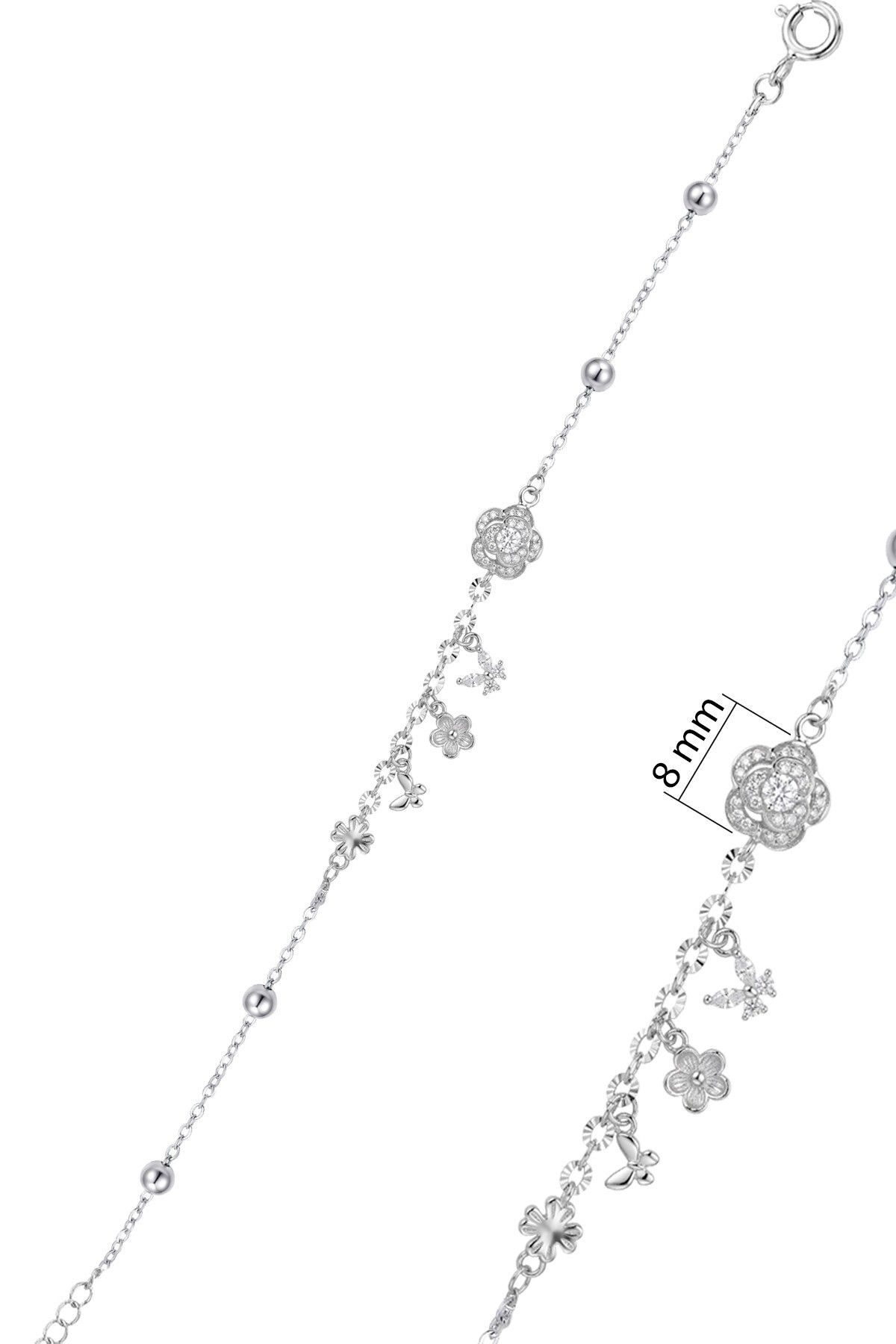 Söğütlü Silver 925 Ayar Gümüş Bileklik Katmanlı Gül Ve Sallantılı Kelebek Figürlü Charmlı Zirkon Bileklik Şık Kadın görsel 3