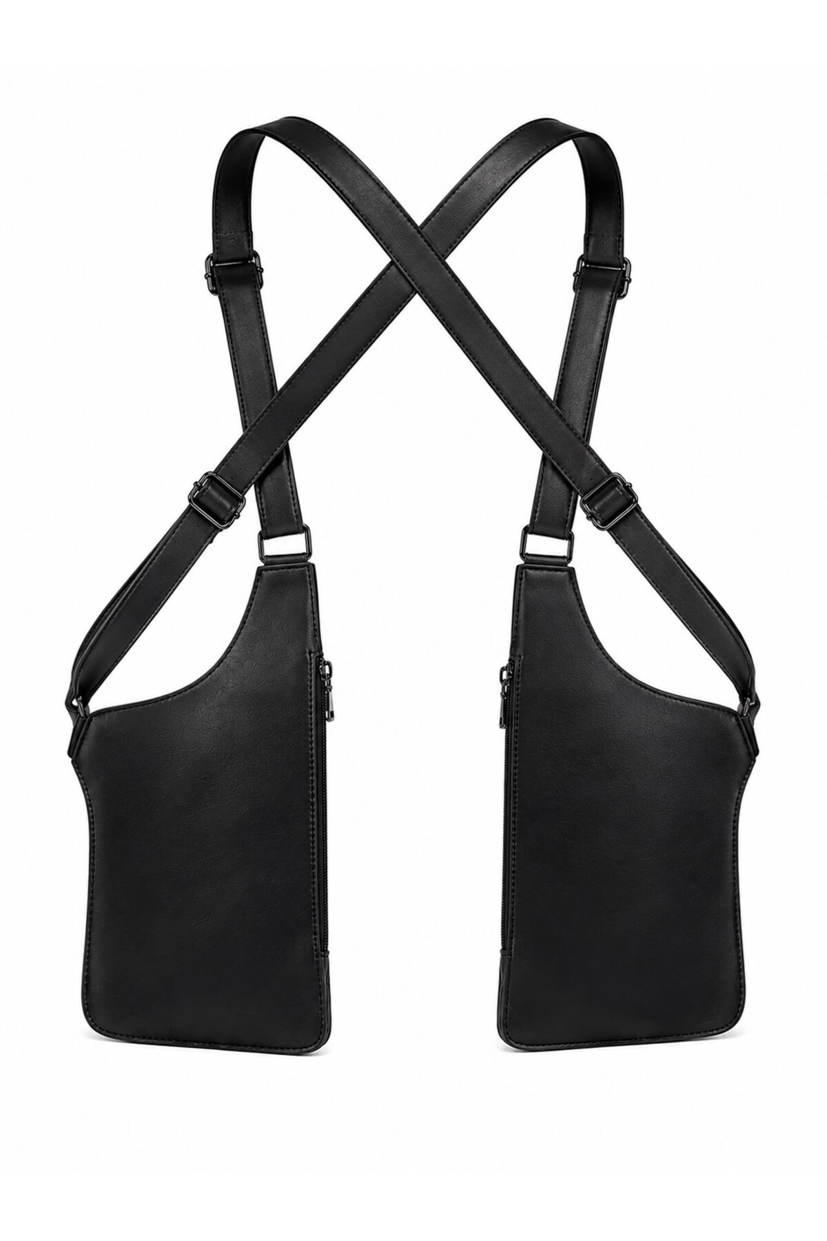 Newish Unisex Siyah Vegan Deri Çapraz Askılı Çok Cepli Harness Göğüs Çantası görsel 3