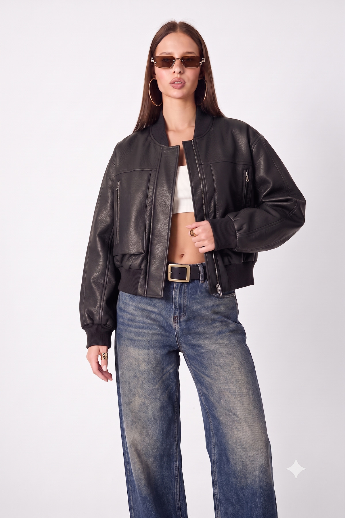 Jaglion Oversize Bomber Kaplamalı Fermuarlı Çift cepli Ribanalı Siyah Deri Ceket görsel 5