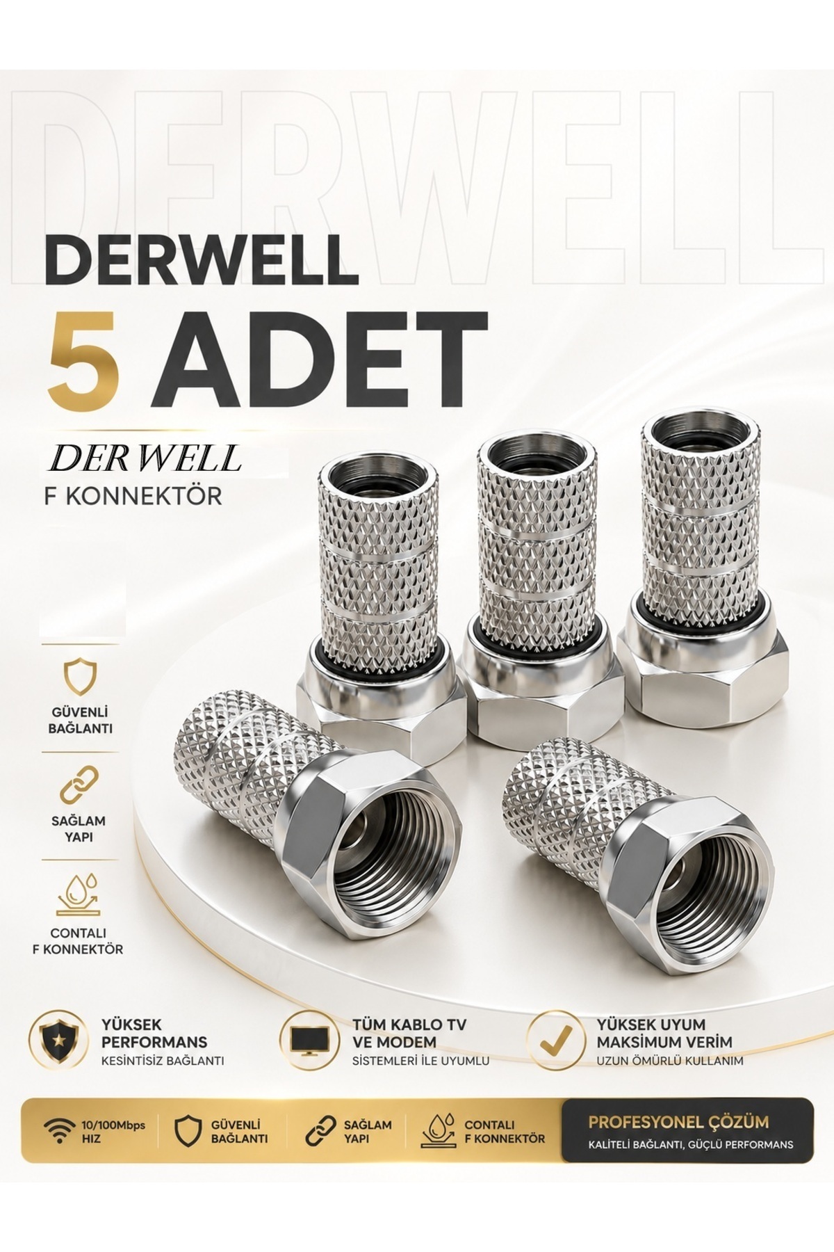 5 Adet Premium Vidalı RG6 F Konnektör - Siyah Contalı Yüksek Kaliteli Paslanmaz Uydu Anten Kablo Fişi Jak Aparatı - LNB, Çanak Anten ve Merkezi Sistem Uyumlu Kesintisiz HD Sinyal Koruyucu Başlık