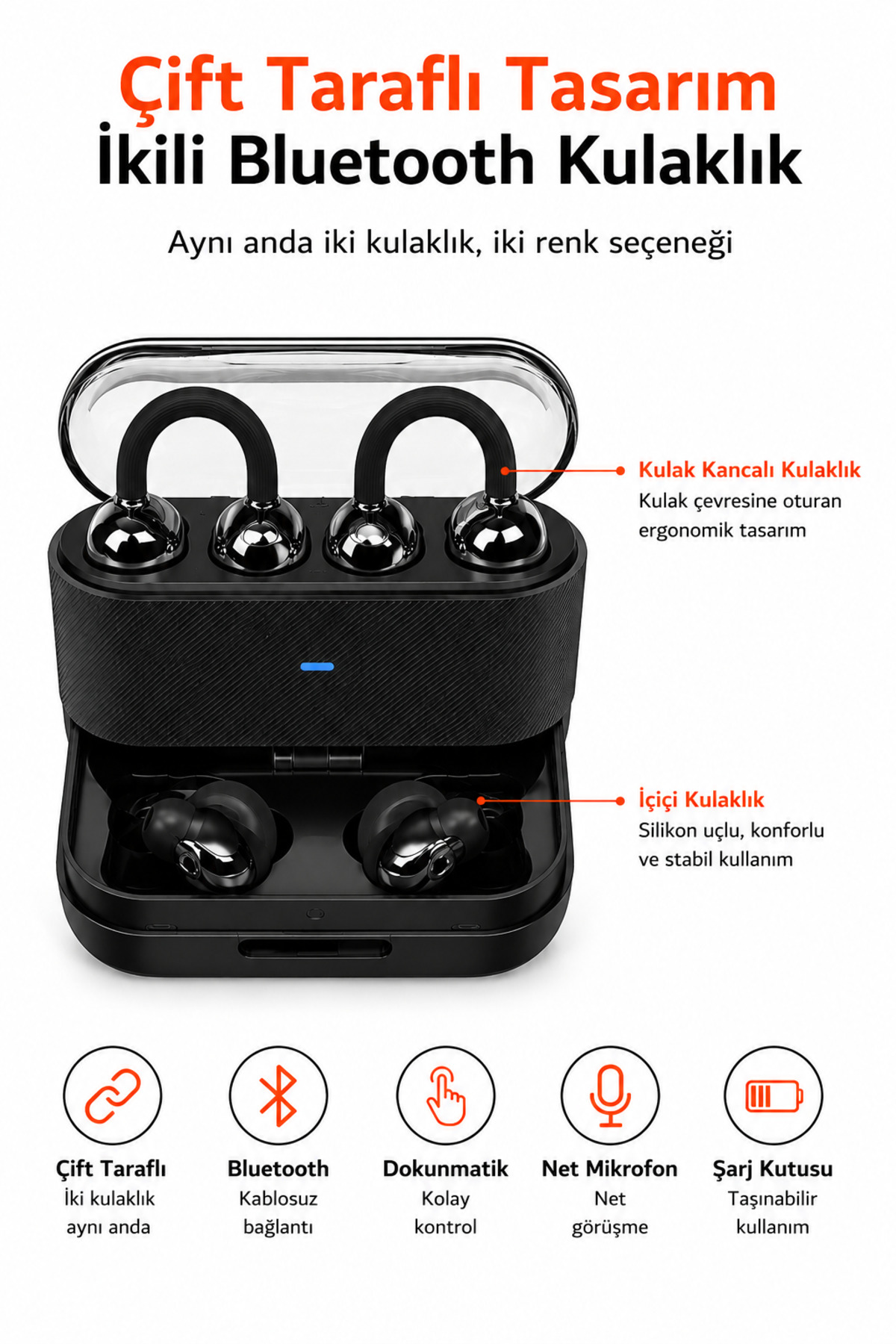 Ayers Çift Taraflı 2’si 1 Arada Bluetooth Kulaklık Kulak Kancalı ve Kulak İçi Kablosuz Şarj Kutulu