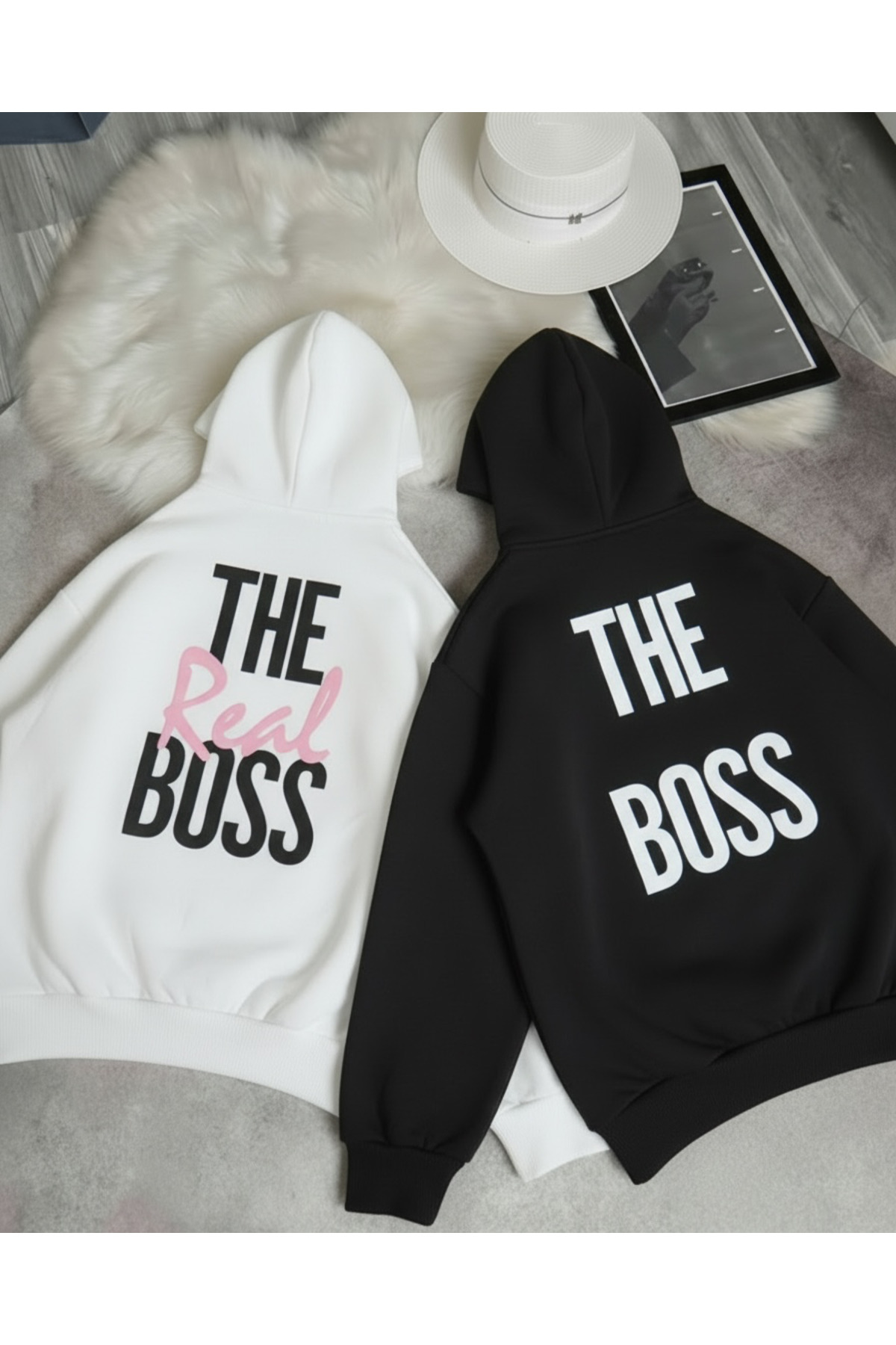 Vordevia Sevgili Çift Kombini Baskılı 2’li Pamuklu 3 İplik Kapüşonlu Oversize Sweatshirt
