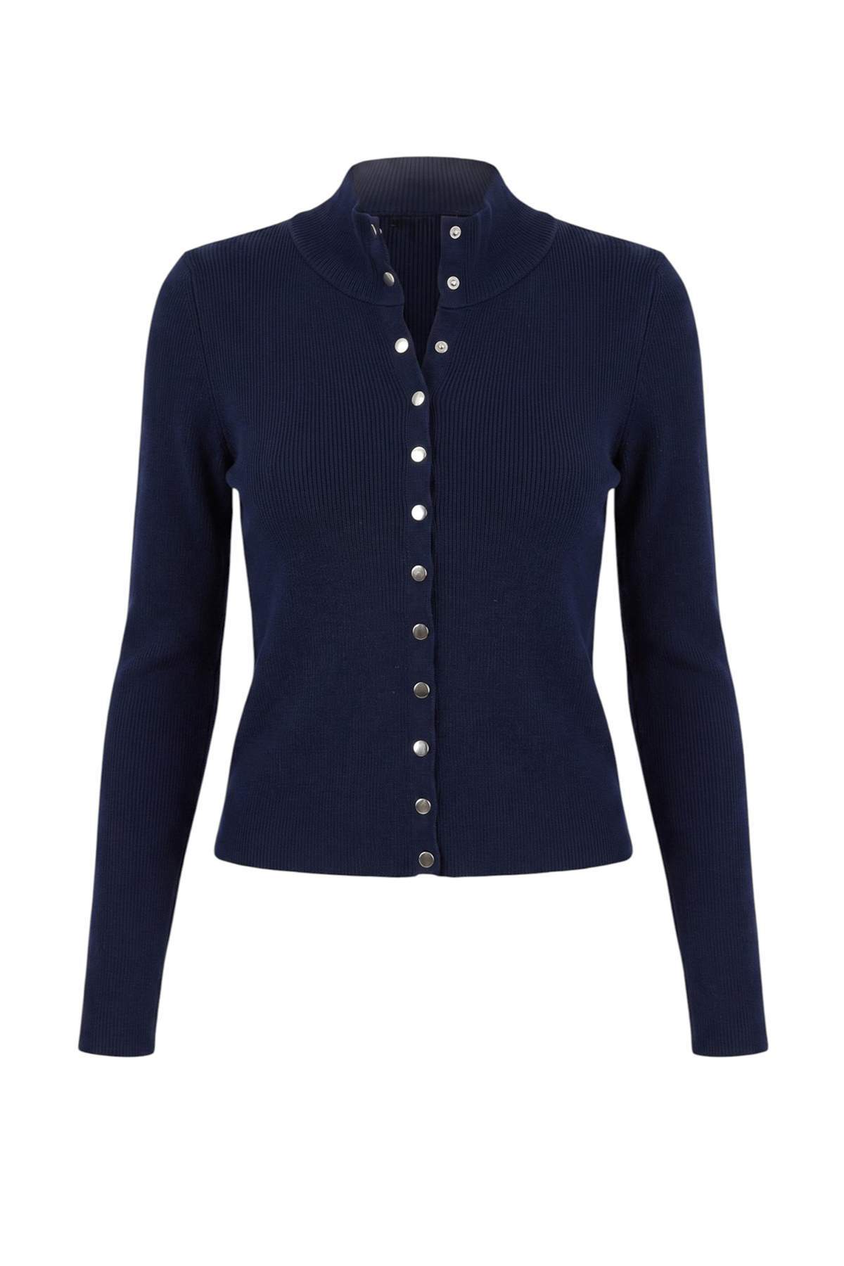 Trendyolmilla Wardrobe Essentials Lacivert Vücudu Saran Dik Yaka Triko Hırka TWOAW27HI00088