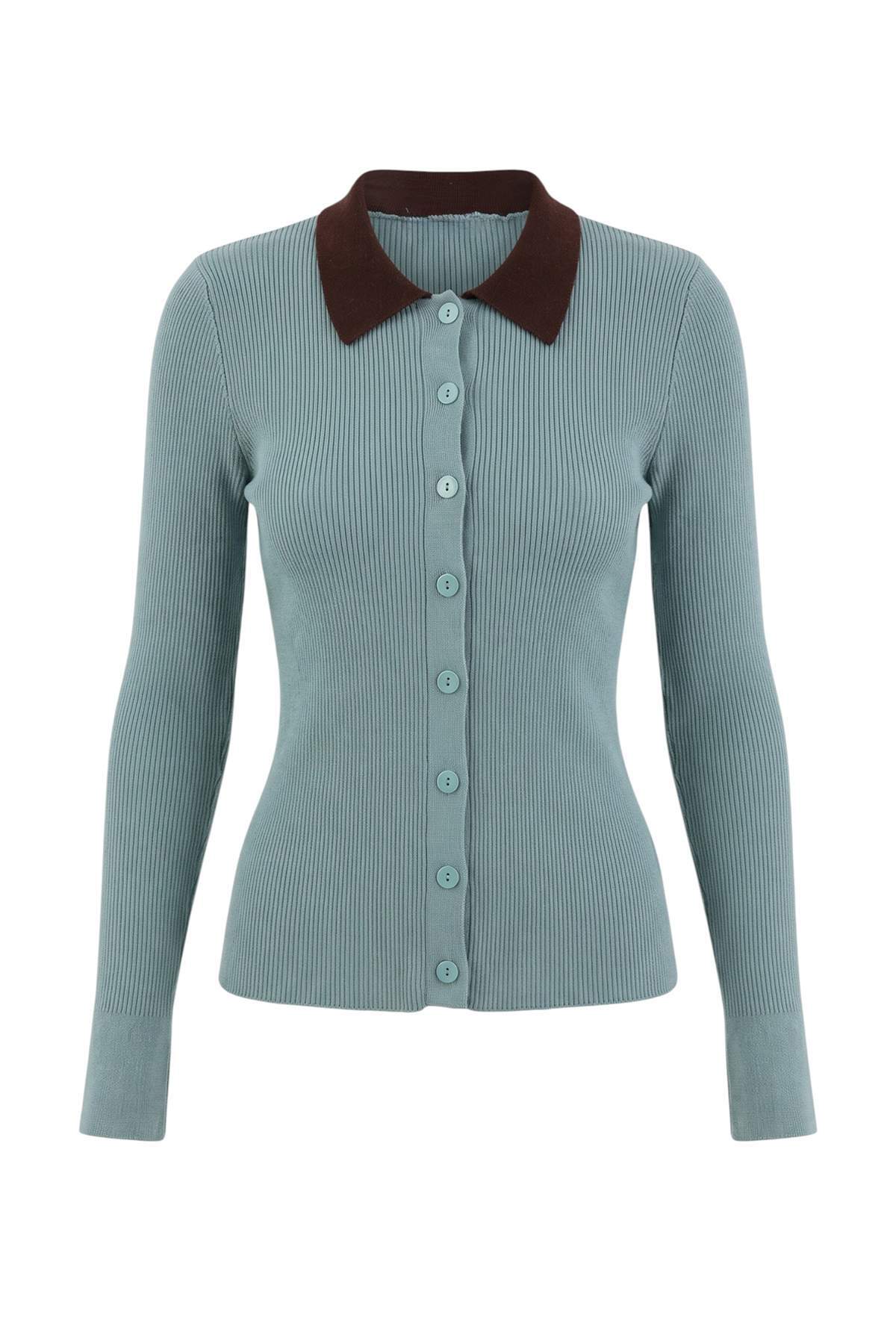Trendyolmilla Wardrobe Essentials Mint Premium Özel İplik Polo Yaka Triko Hırka TWOAW26HI00225
