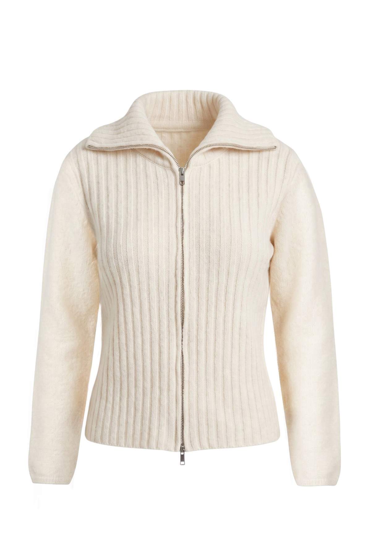 Trendyolmilla Wardrobe Essentials Ekru Yün Karışımlı Sakal İplik Fermuarlı Triko Hırka TWOAW26HI00149
