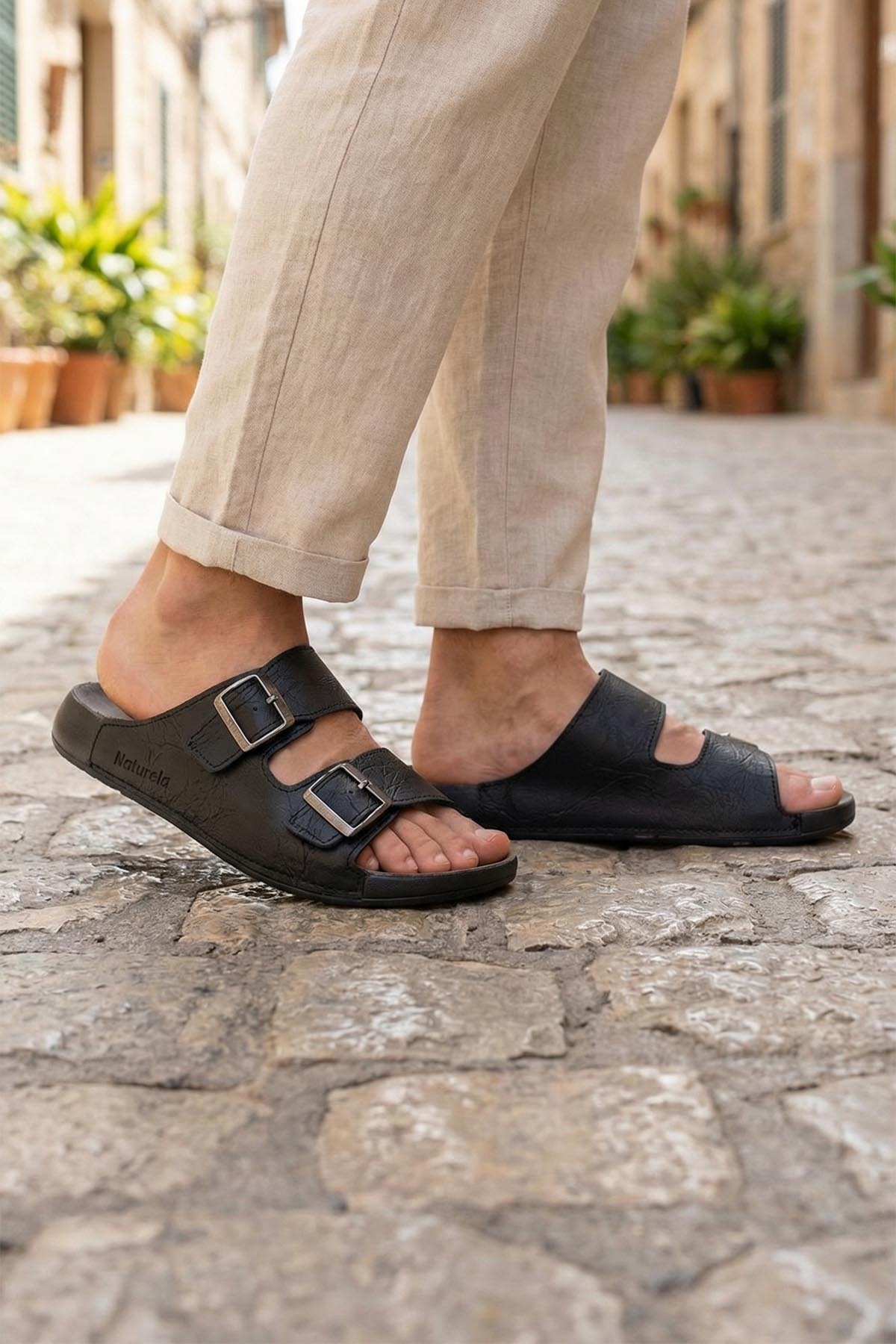 GEZER Naturela Comfort Erkek Yazlık Suni Deri Çift Toka Ayarlanabilir Rahat Taban Günlük Terlik