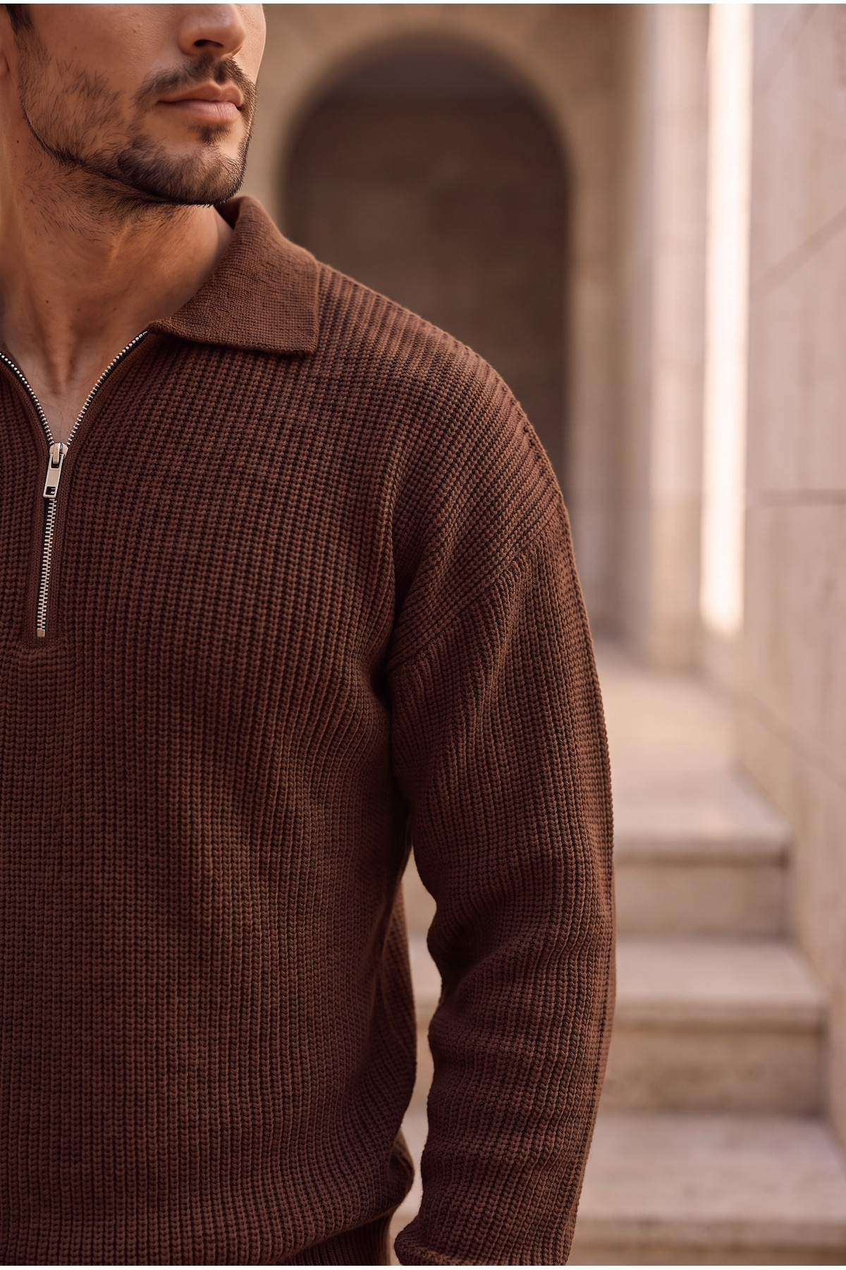 Valiberta Gibson Oversize Yarım Fermuar Gömlek Polo Yaka Selanik Örme Erkek Triko Kazak - Kahve görsel 5