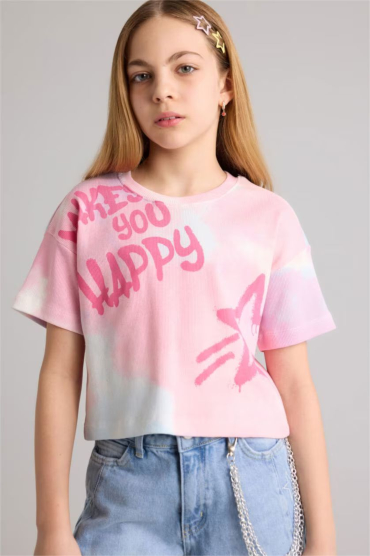 Defacto Patterned Corded Fabric Ribbed Knit T-Shirt Girl H0711A826Sm