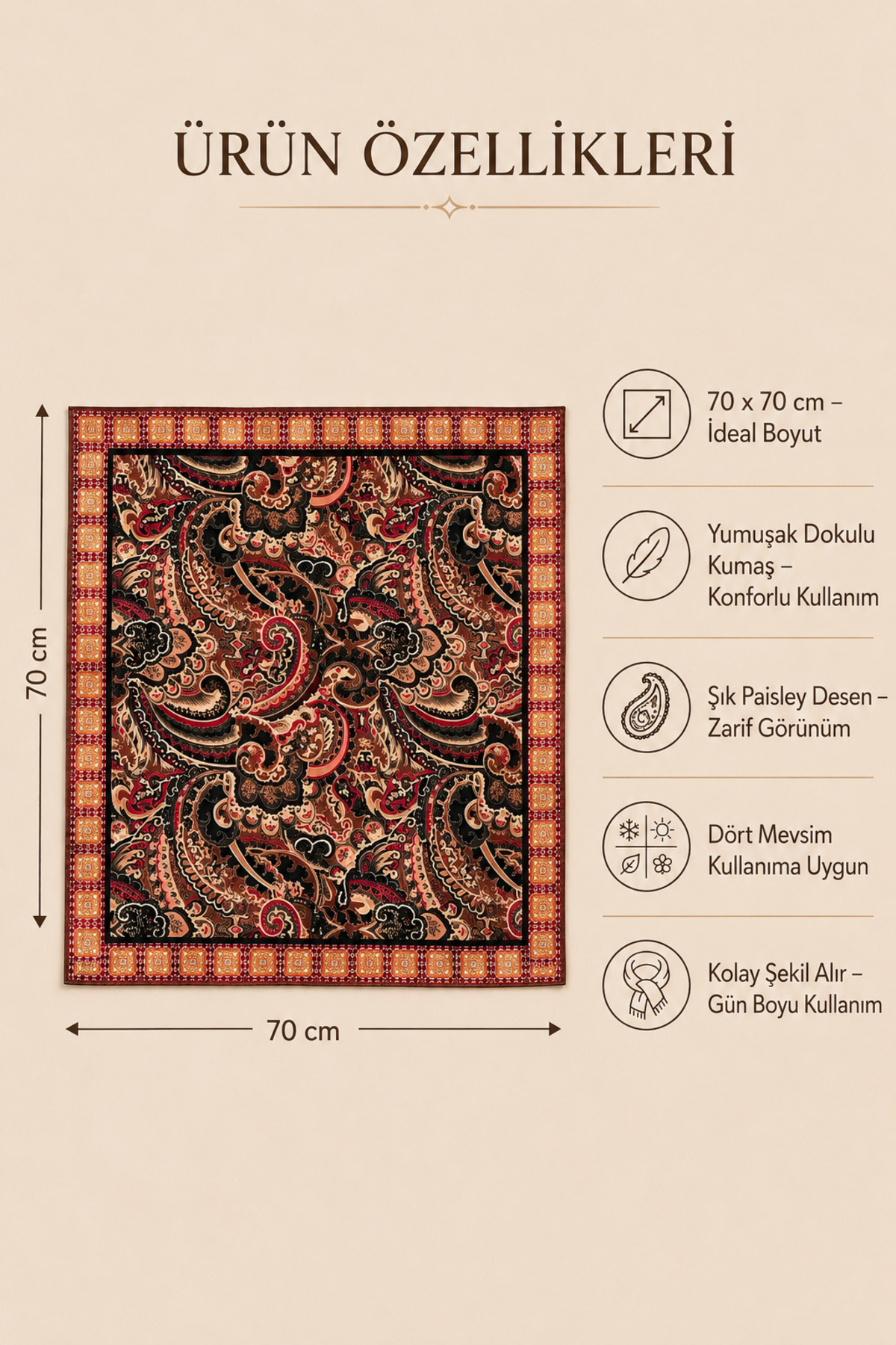 OUS Kadın Kahverengi Bordo Şal Desenli 70x70 cm Saten Fular, İpeksi Dokulu Kare Boyun Saç ve Çanta Aksesuarı görsel 4