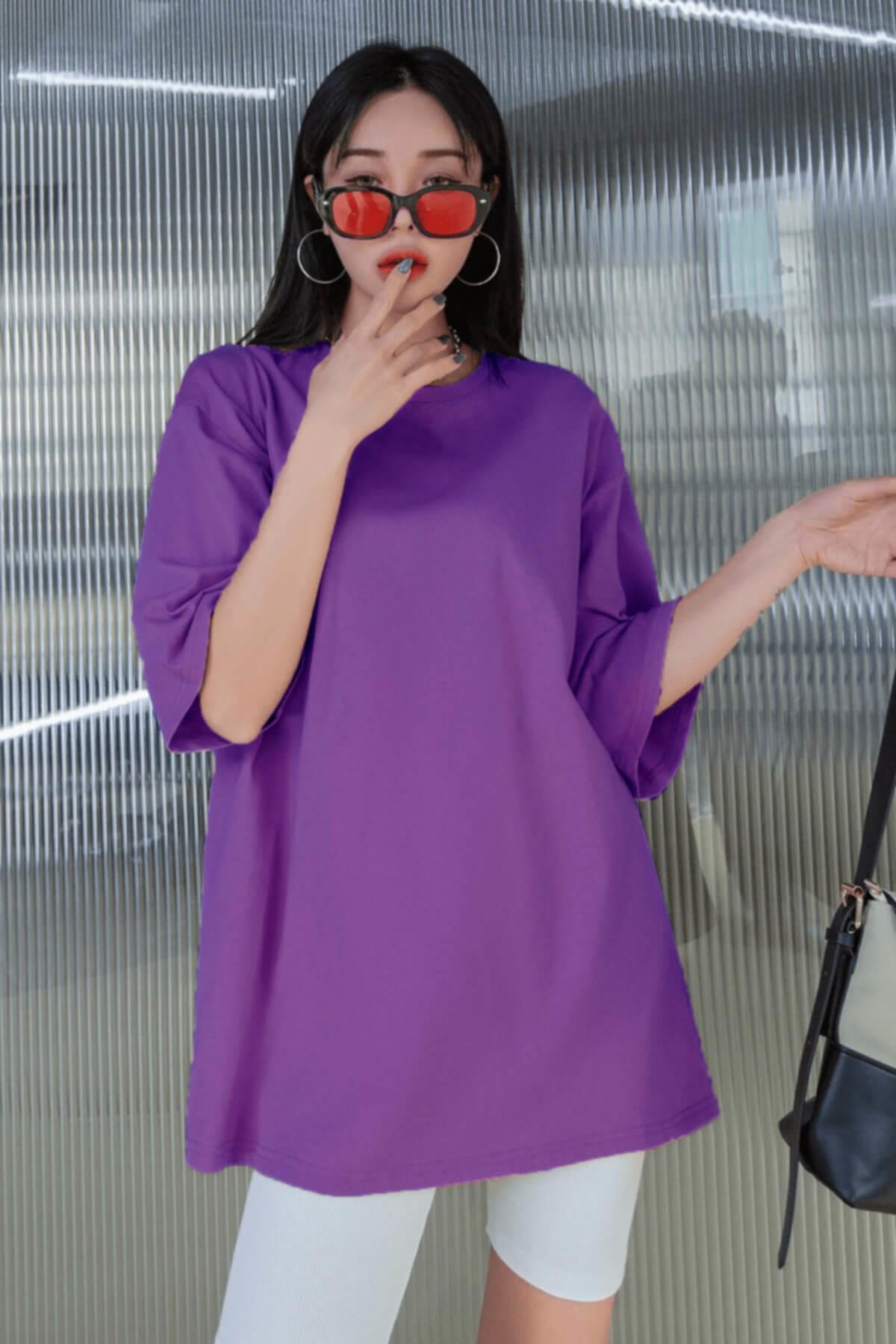 Teenage Millionaire Mor Basic Düz Baskısız Oversize Salas Boyfriend Kadın T-Shirt görsel 5