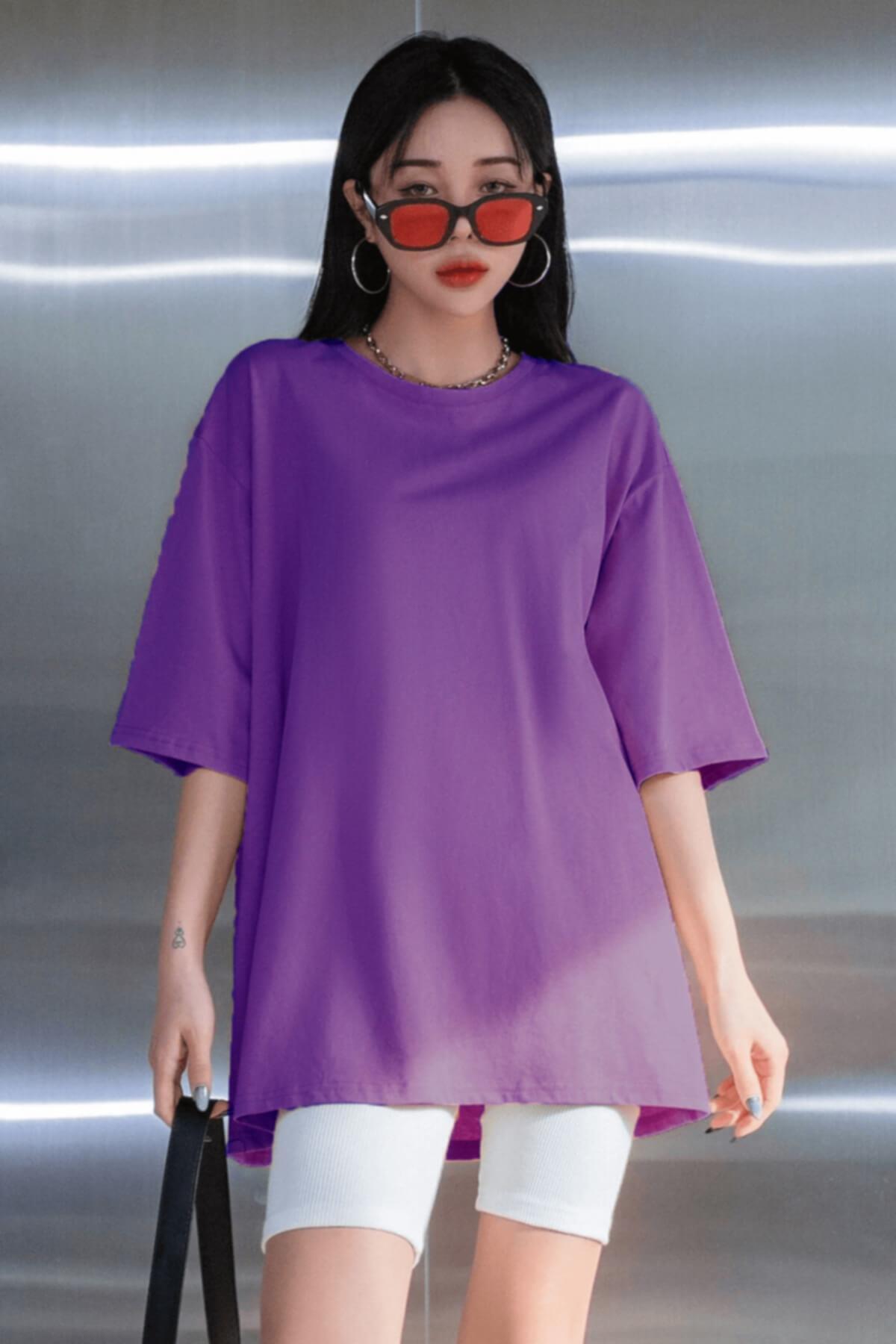 Teenage Millionaire Mor Basic Düz Baskısız Oversize Salas Boyfriend Kadın T-Shirt görsel 3