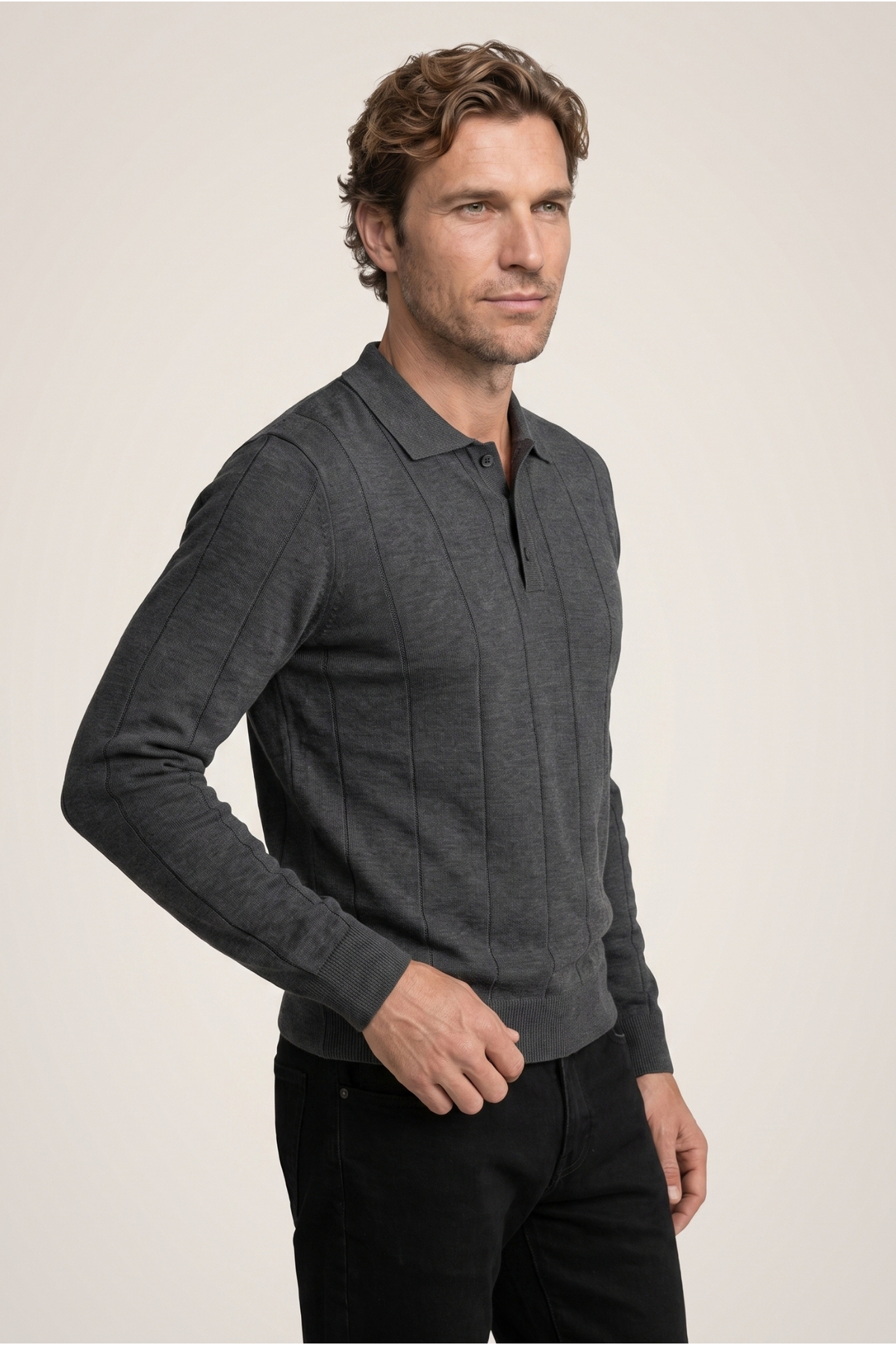 Kiğılı Polo Yaka Düğmeli Regular Fit Çizgili Triko Kazak