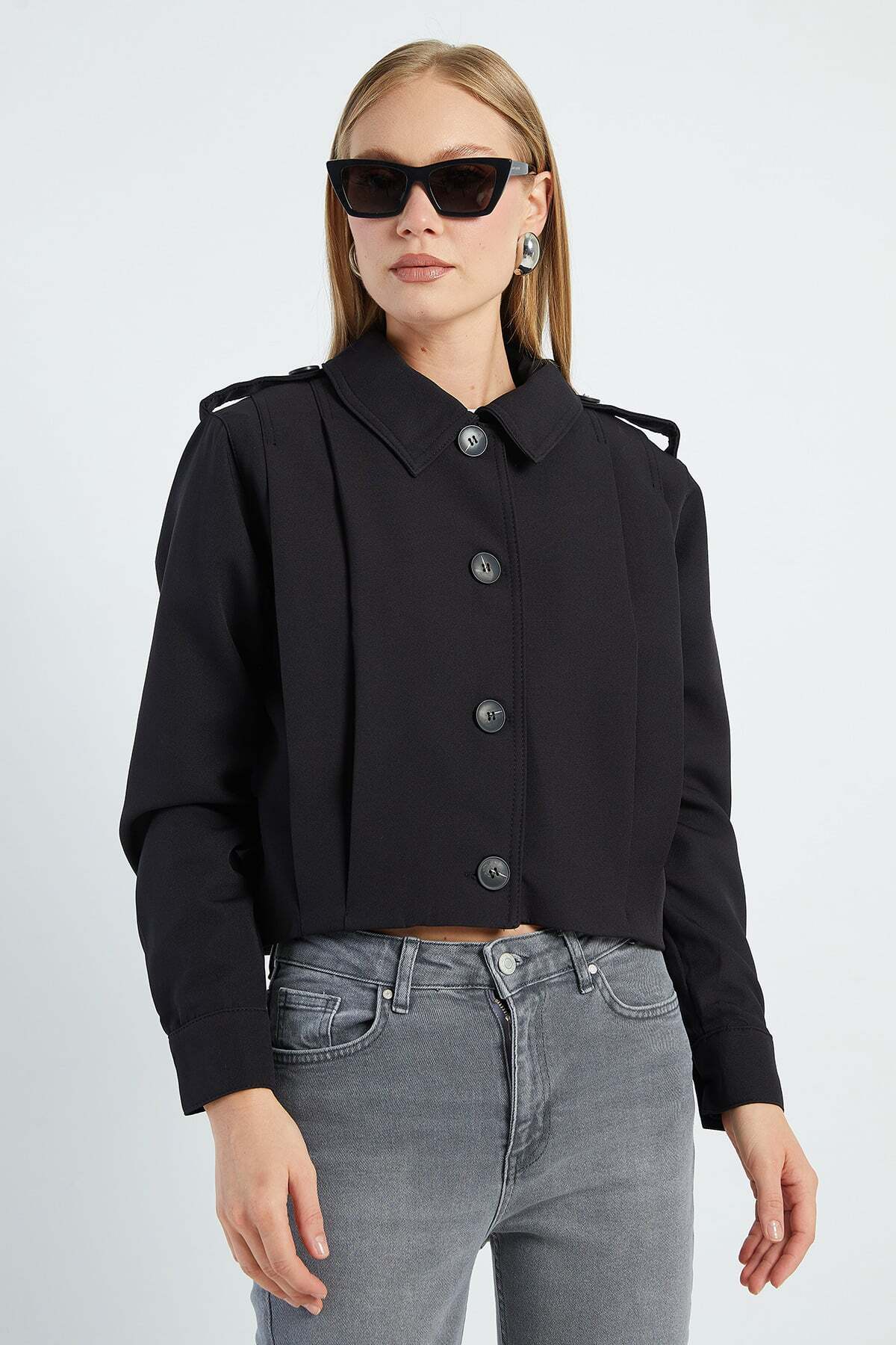 Fulla Moda Pileli Kruvaze Yaka Crop Trençkot görsel 5