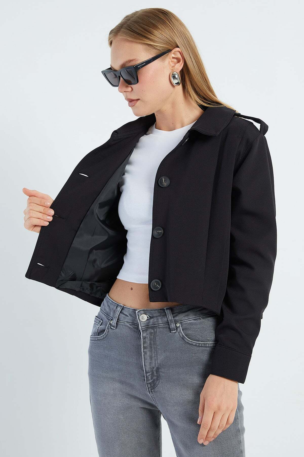 Fulla Moda Pileli Kruvaze Yaka Crop Trençkot görsel 7