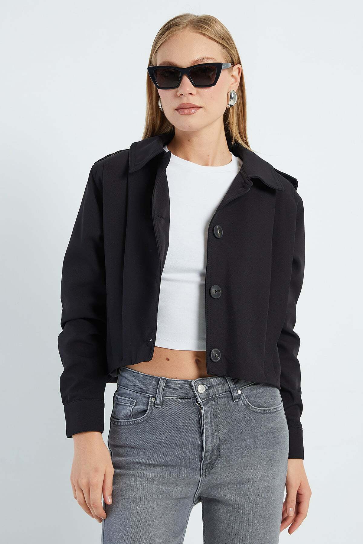 Fulla Moda Pileli Kruvaze Yaka Crop Trençkot görsel 2