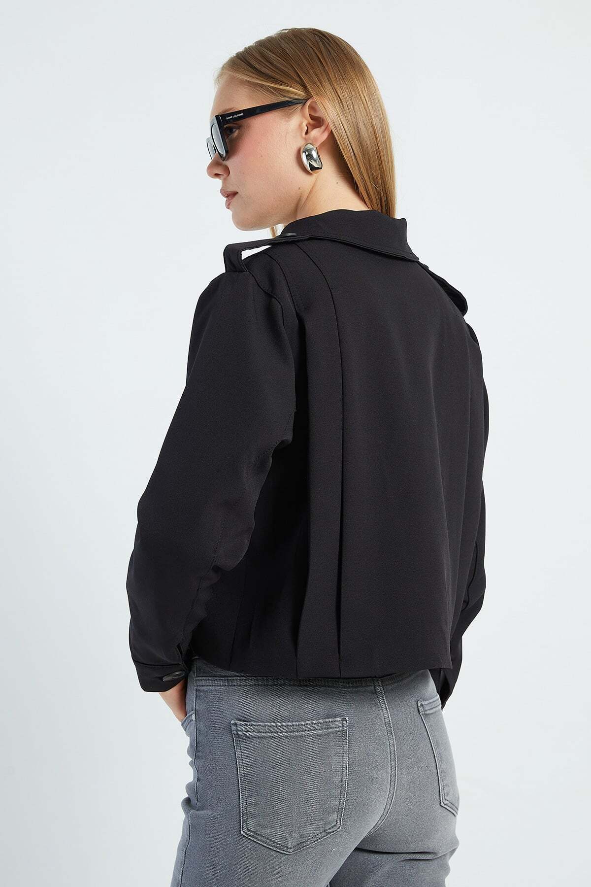 Fulla Moda Pileli Kruvaze Yaka Crop Trençkot görsel 8