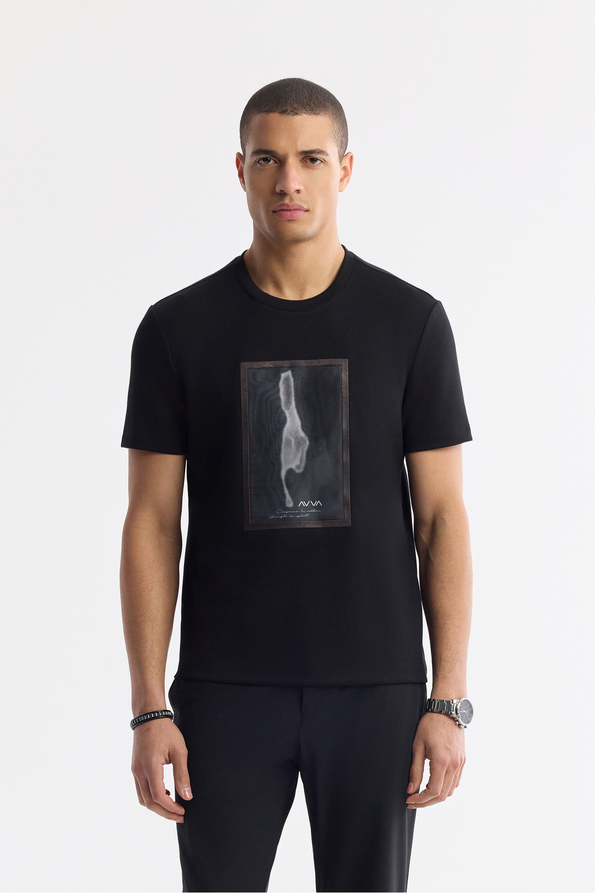 Avva Men's Black Crew Neck Printed Bi-Stretch Interlock Regular Fit T-Shirt A51Y1029
