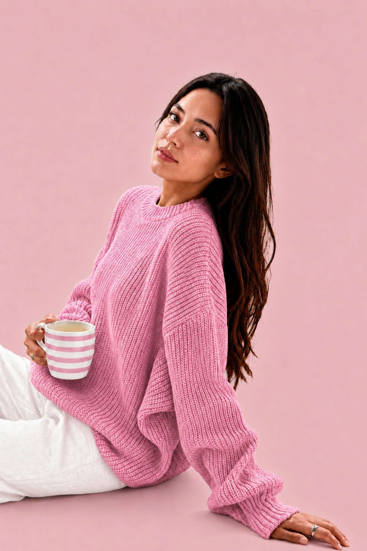 MODASPARK Pembe Bisiklet Yaka Oversize Kadın Triko Kazak
