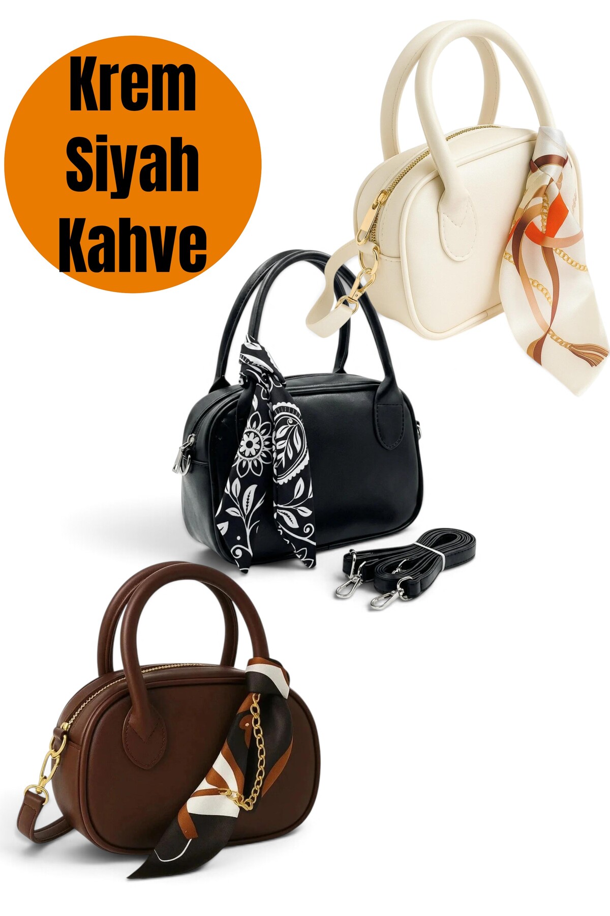 Morlex Siyah Krem Kahve 3 lü Set Mini El & Omuz Çantası, Fular Detaylı Suni Deri