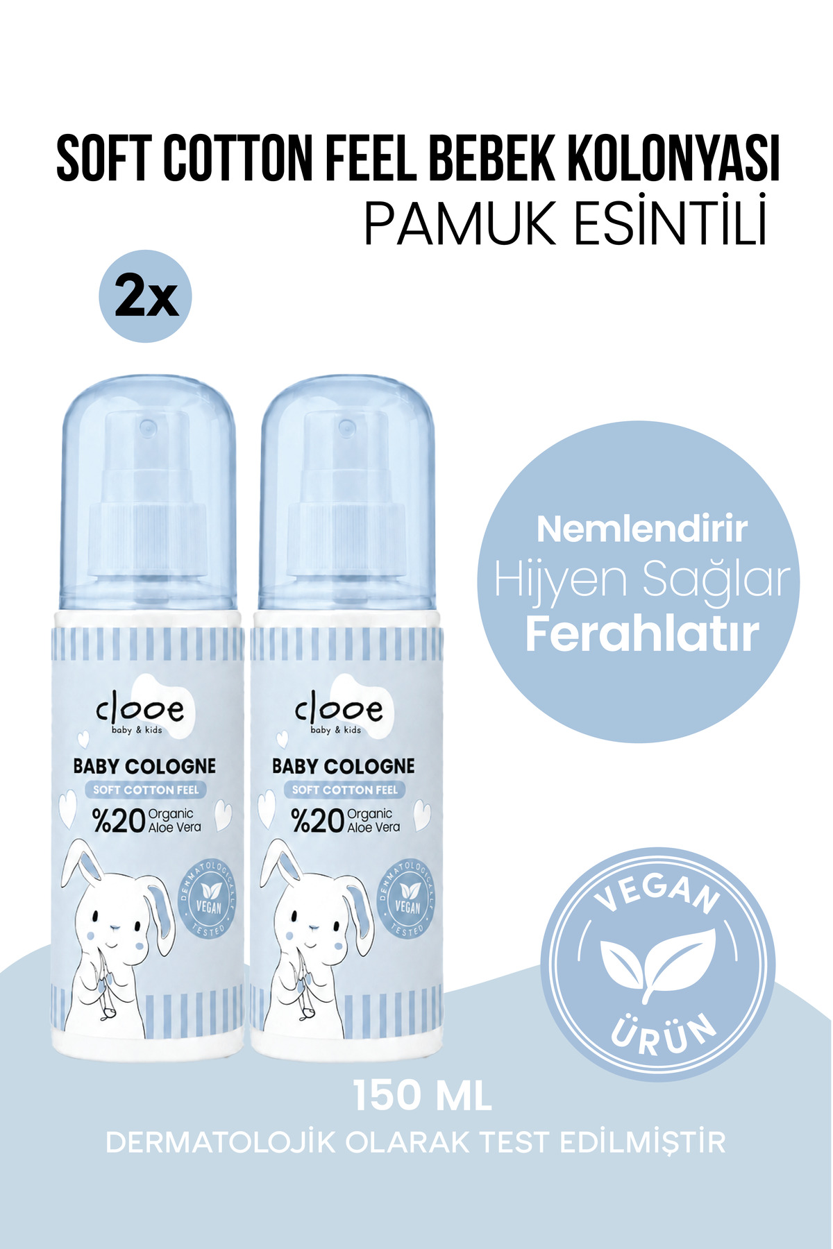 clooe Vegan Organik Aloe Vera Özlü Yatıştırıcı Nemlendirici Pamuksu Bebek Kolonyası 2'li Avantajlı Seti — PKA037