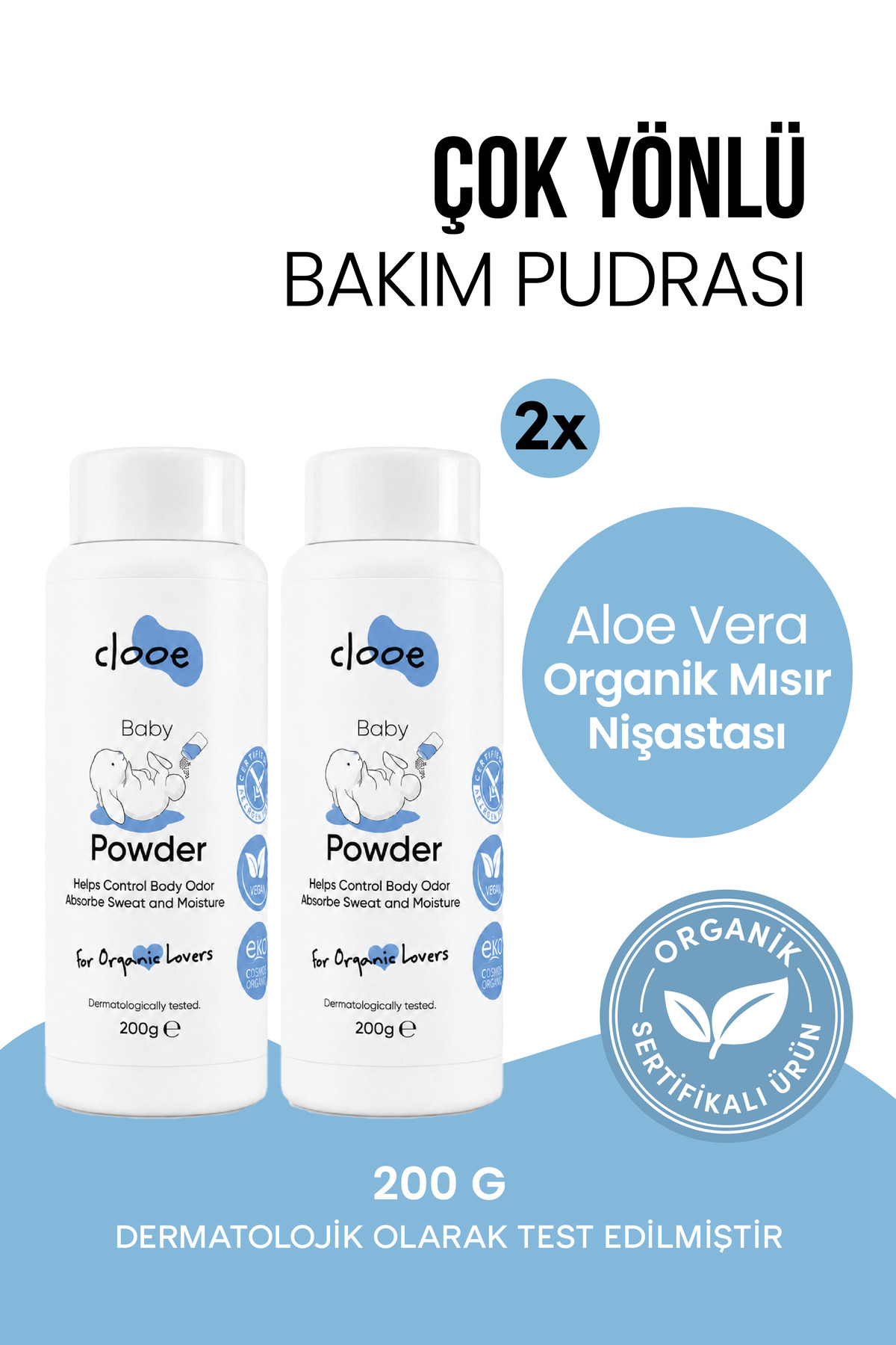 clooe 2'li Avantajlı Set Bebek Pudrası 200 g - Talk İçermez - Organik - Aloe Vera & Mısır Nişastalı - Hassas Ciltler İçin — PKA013