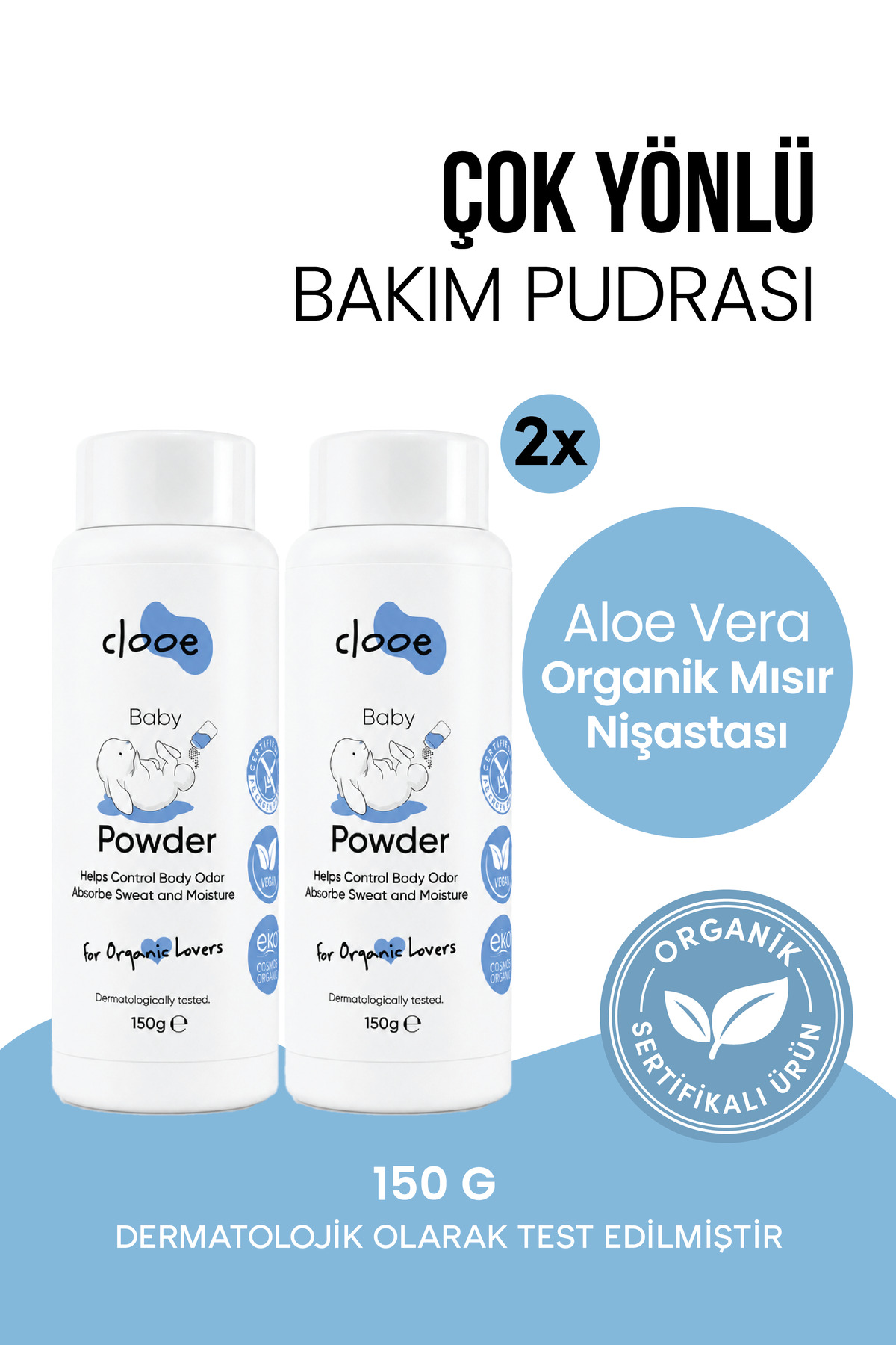 clooe 2'li Avantajlı Paket Bebek Pudrası 150 g - Talk İçermez - Organik - Aloe Vera & Mısır Nişastalı - Hassas Ciltler İçin — PKA045