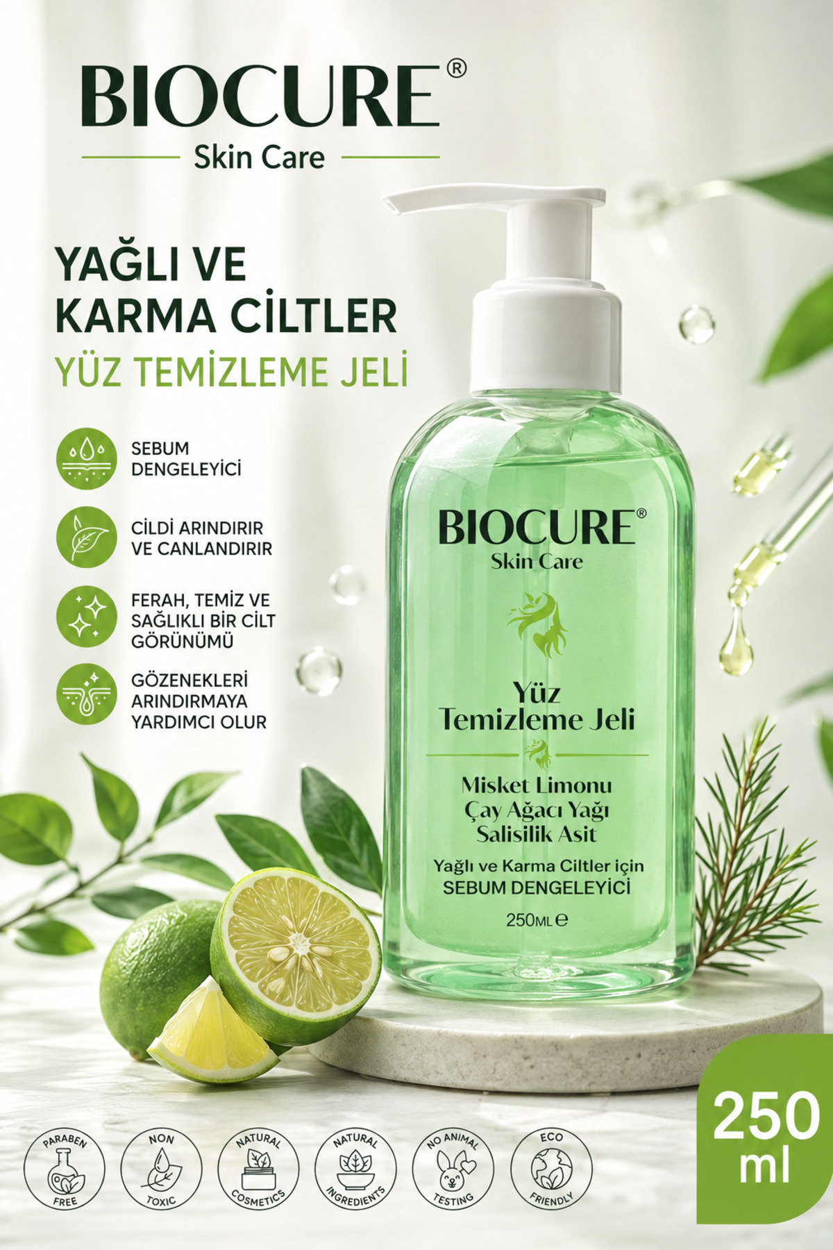 Biocure Yüz Temizleme Jeli Karma ve Yağlı Ciltler için Derinlemesine Temizleyici Salisilik Asit 250ml — CM-YTJ-KARMACİLT