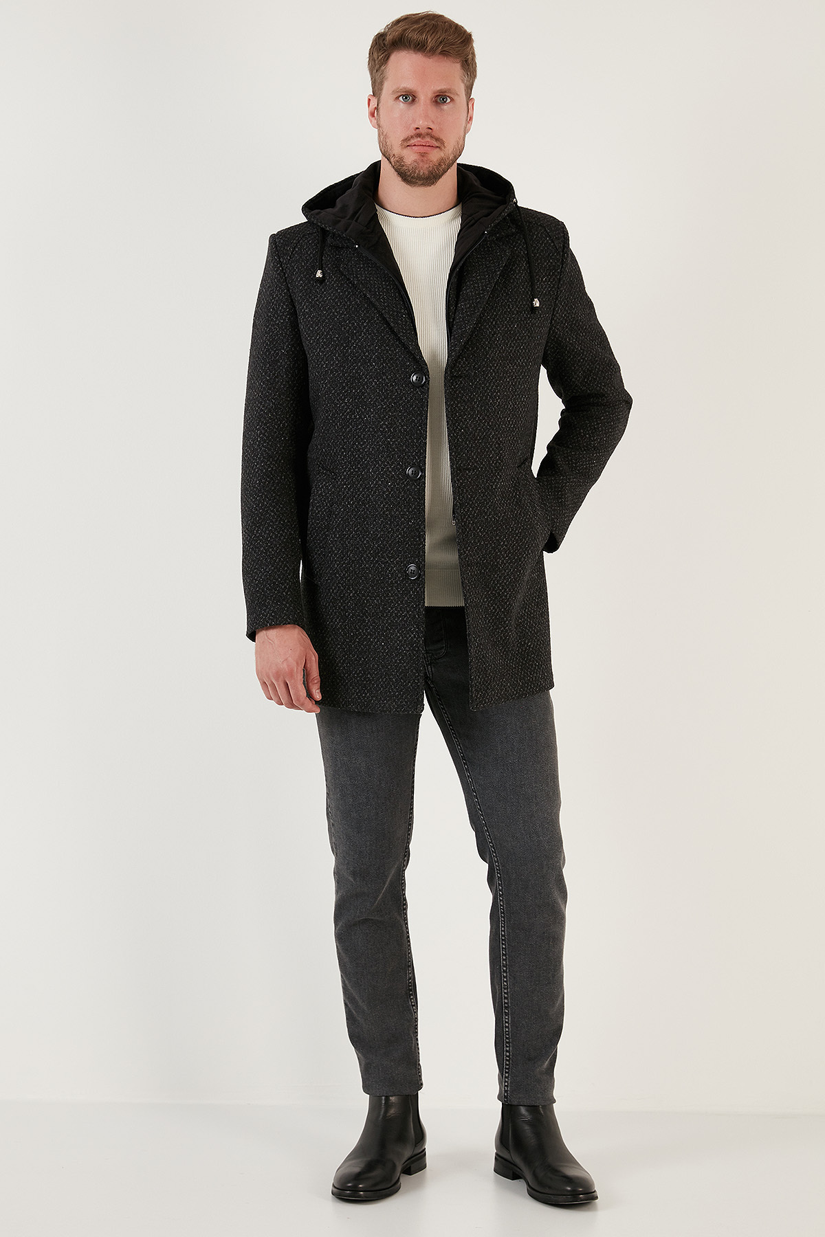 Çıkarılabilir Kapüşonlu Kırçıllı Slim Fit Kaşe Kaban Erkek KABAN 5841013 — خاکستری — تصویر 3 از 7