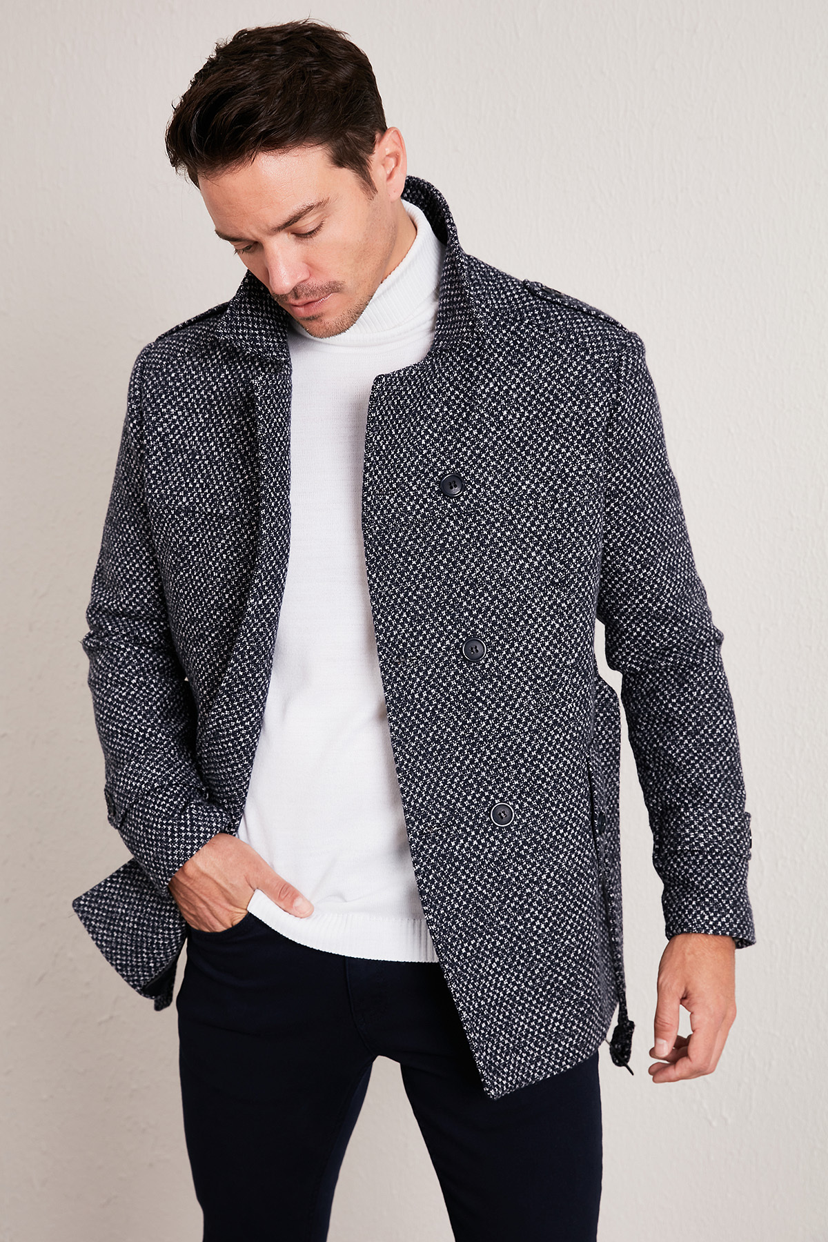 Slim Fit Cepli Pamuklu Kaşe Kaban Erkek KABAN 5841015 — سرمه‌ای — تصویر 2 از 6