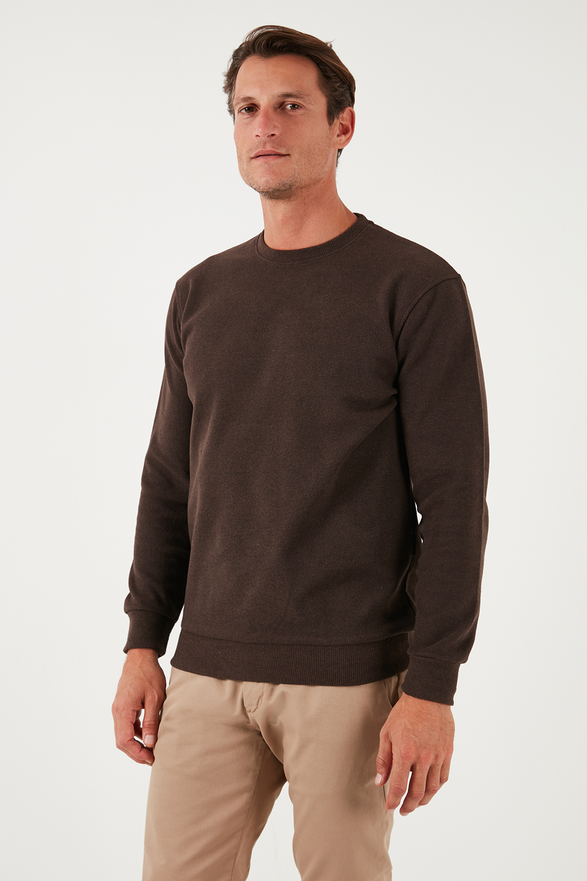 Slim Fit Bisiklet Yaka Pamuklu Kazak Erkek KAZAK 456201 — قهوه‌ای — تصویر 6 از 7