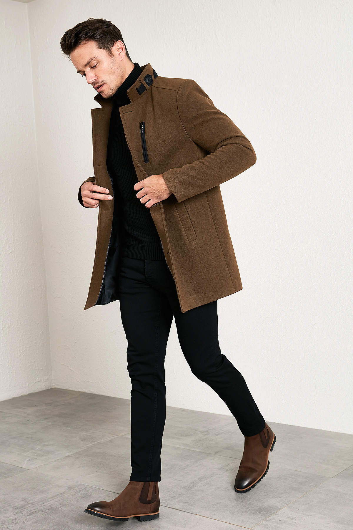 Buratti Relaxed Fit Düğmeli Dik Yaka Kaşe Kaban Erkek KABAN 5840099