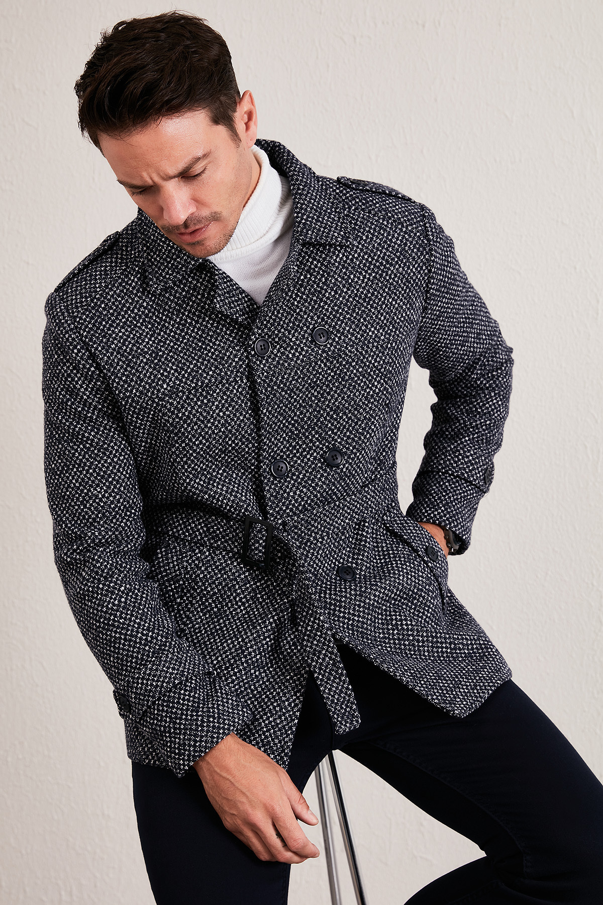 Slim Fit Cepli Pamuklu Kaşe Kaban Erkek KABAN 5841015 — سرمه‌ای — تصویر 3 از 6