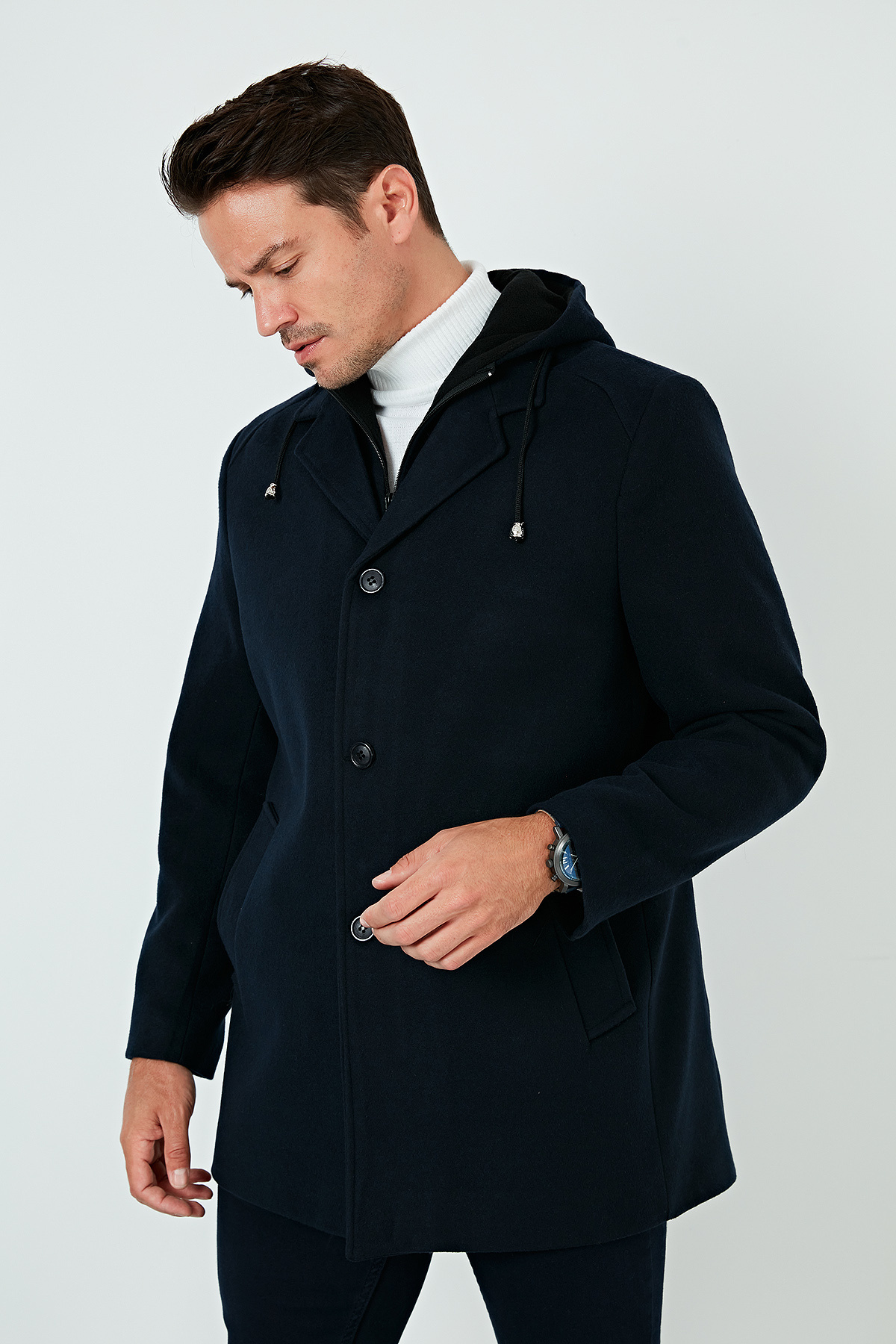 Çıkarılabilir Kapüşonlu Kırçıllı Slim Fit Kaşe Kaban Erkek KABAN 5841013 — سرمه‌ای — تصویر 3 از 6