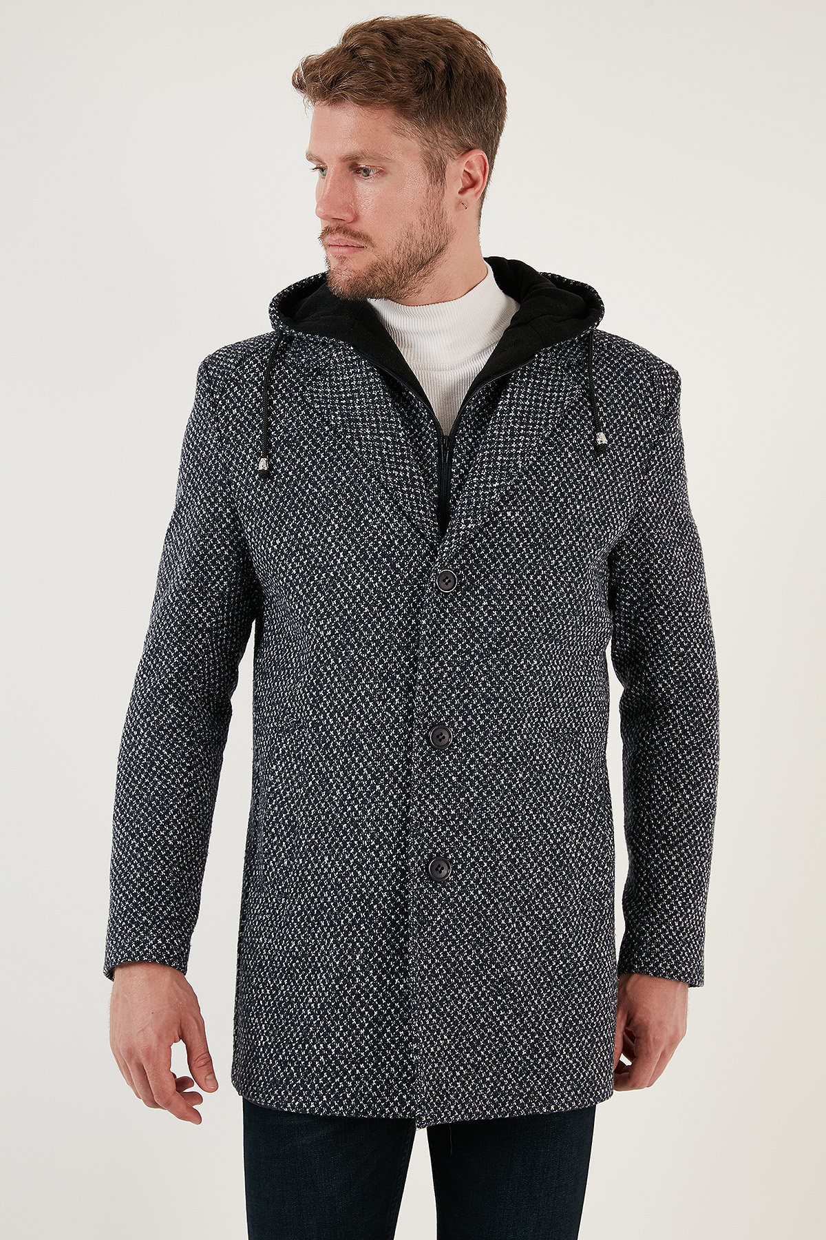 Çıkarılabilir Kapüşonlu Kırçıllı Slim Fit Kaşe Kaban Erkek KABAN 5841013 — سرمه‌ای — تصویر 4 از 7