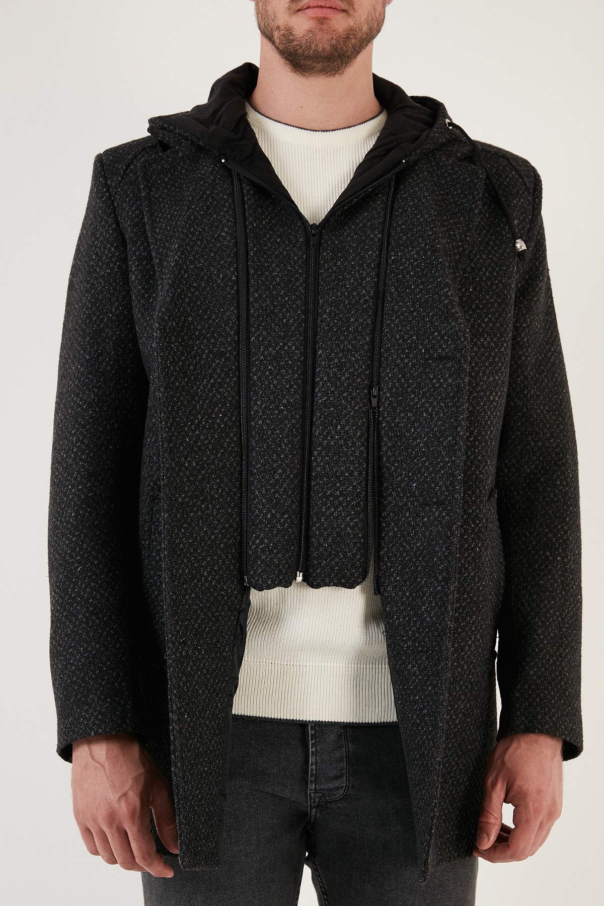Çıkarılabilir Kapüşonlu Kırçıllı Slim Fit Kaşe Kaban Erkek KABAN 5841013 — خاکستری — تصویر 6 از 7