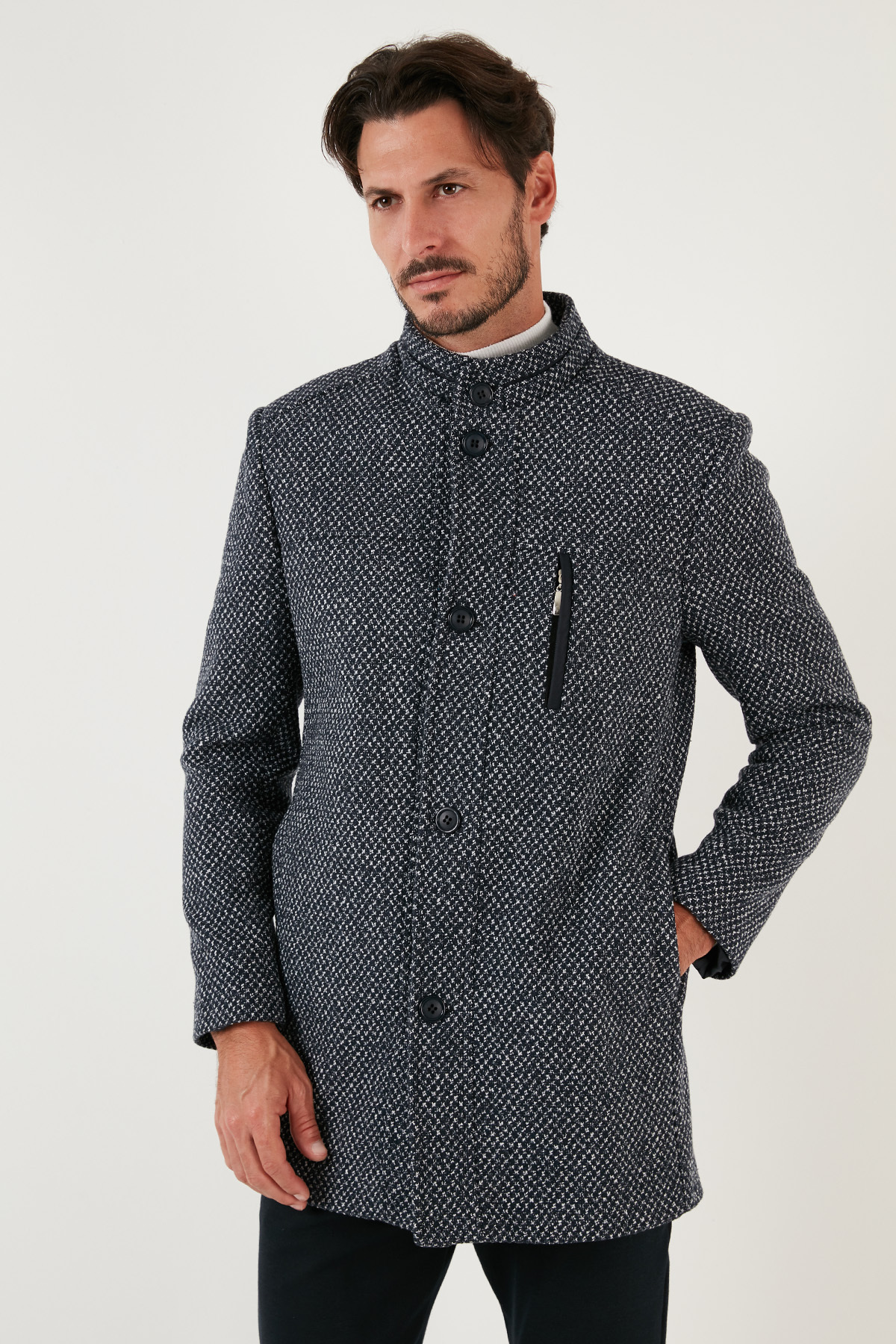Buratti Düğmeli Dik Yaka Kırçıllı Slim Fit Kaşe Kaban Erkek KABAN 5841016 görsel 6