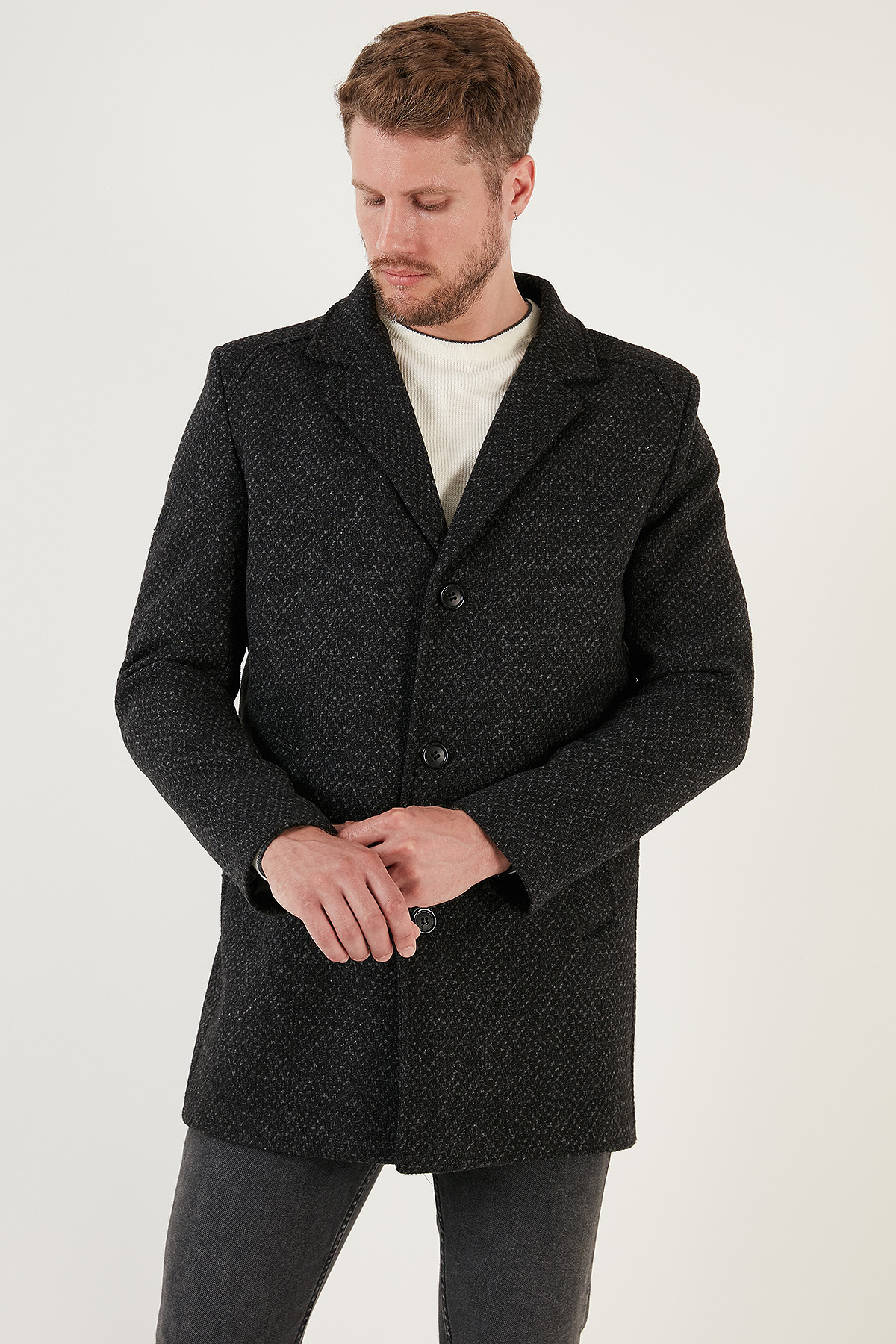 Çıkarılabilir Kapüşonlu Kırçıllı Slim Fit Kaşe Kaban Erkek KABAN 5841013 — خاکستری — تصویر 2 از 7